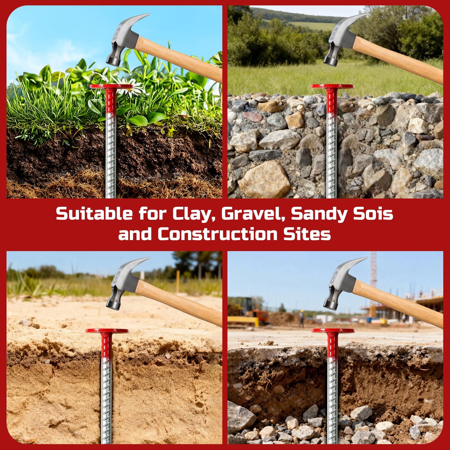 2 Pack Rebar Property Line Markers, 12 Inch Heavy Duty Galvanized Steel Survey Markers Stakes Hi-Vis Red Property Land Boundary Markers for Paving Gardens Lawn Edges Landscaping Edging Weed Barriers