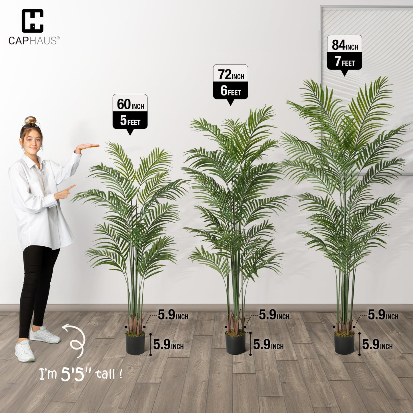 CAPHAUS 5FT Tall Artificial Palm Tree Indoor - Large Fake Palm Plant for Living Room, Realistic Faux Tree UV Resistant Low Maintenance for Home Office Decor (13 Trunks)