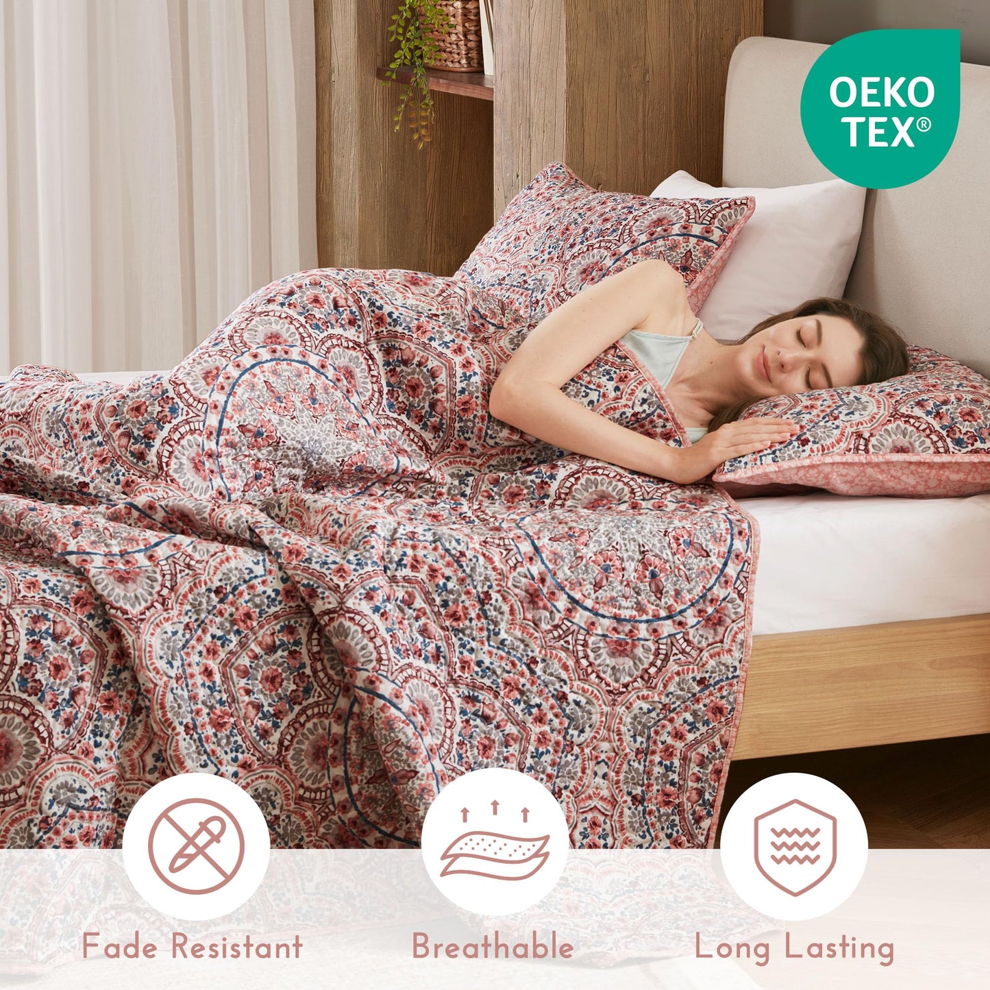 Comfort Spaces Valerie Boho Quilt Set Twin/Twin XL Pink - Soft Reversible Watercolor Medallion Bedding, Lightweight All Season Bedspread for Kids Teens Dorm Guest Room