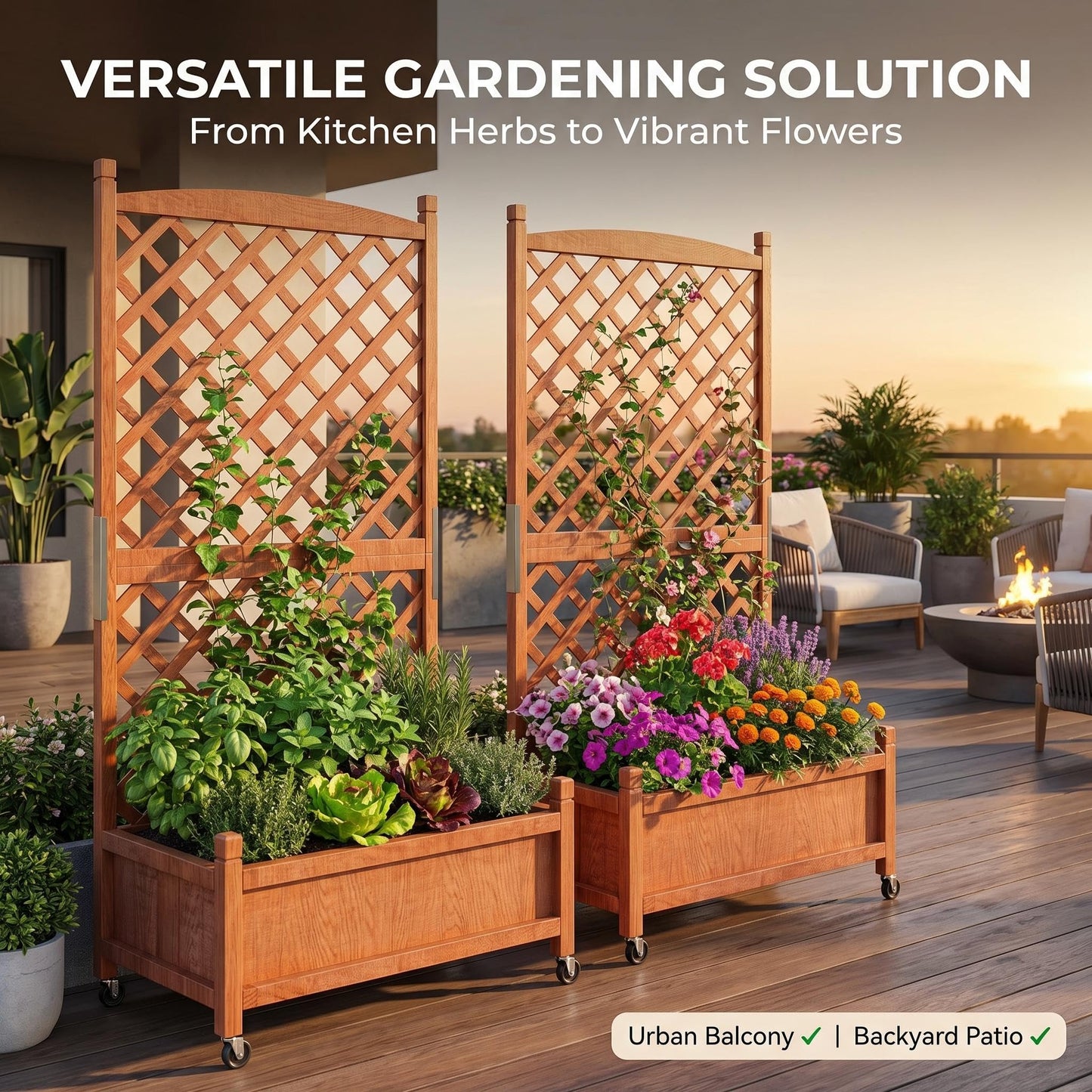 ActiveTrail 2 PCS Raised Garden Bed with Trellis, 61.5" Wooden Planter Box Outdoor with Drainage Holes and Locking Wheels, Privacy Planters for Patio, Climbing Plants, Vegetables, Balcony & Yard