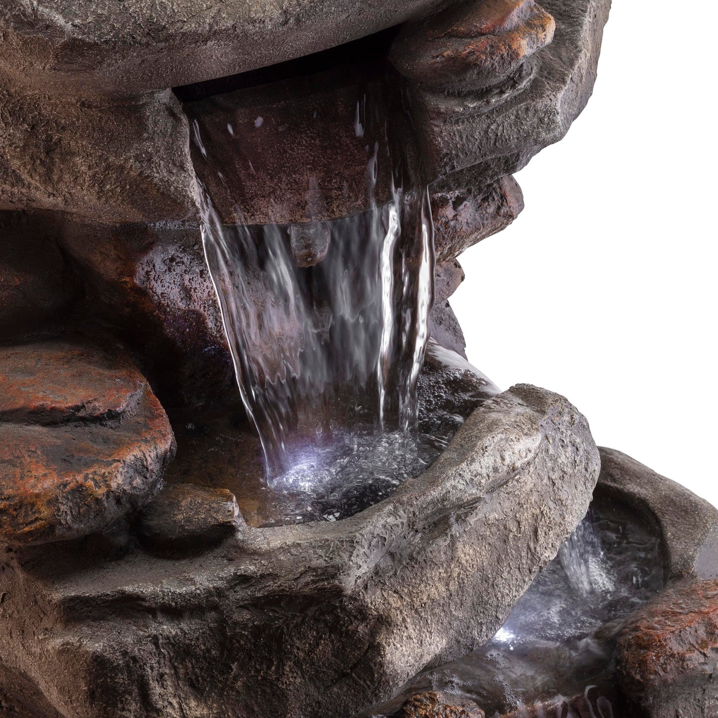 Alpine Corporation | 40" 4-Tier Rock Floor Fountain with Cascading Water & White LED Lights, Tranquil Outdoor Water Feature for Garden, Patio, Yard & Deck, Light Gray