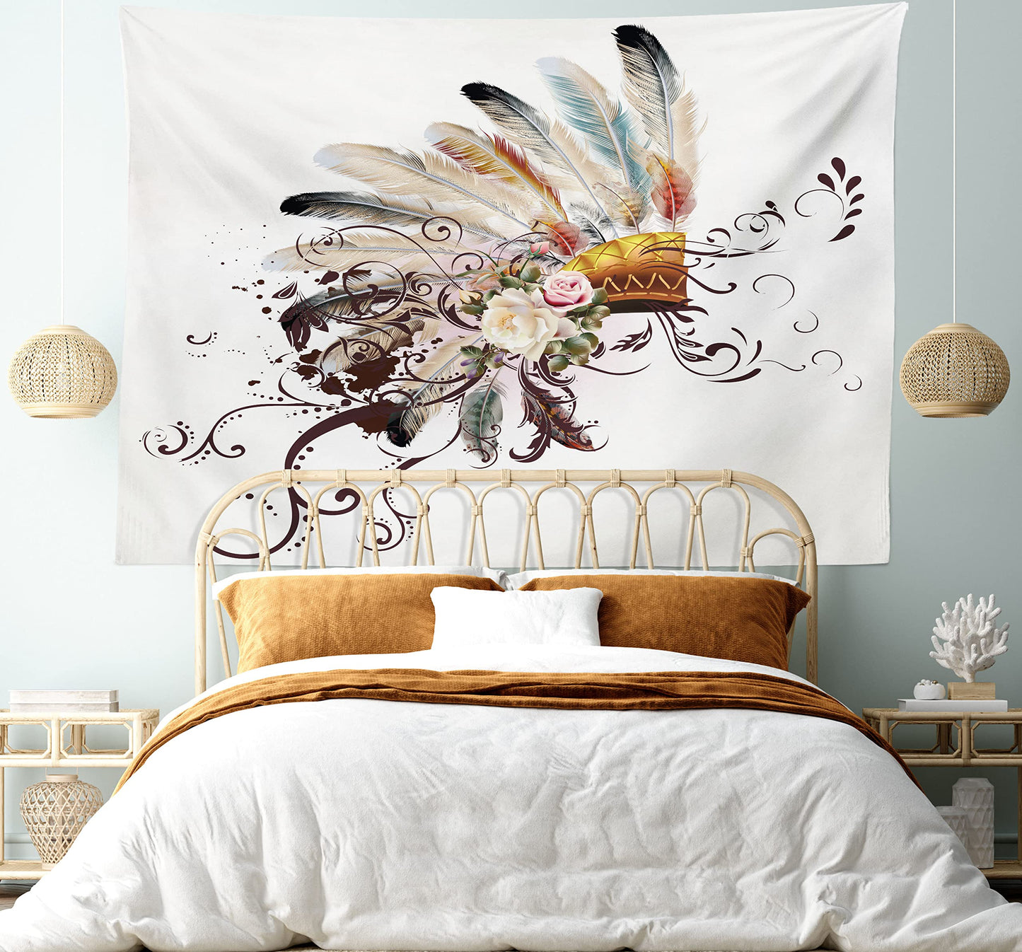 Ambesonne Feather Tapestry, Floral Arrangements Head Wear Flowers Swirls Shapes, Wide Wall Hanging for Bedroom Living Room Dorm, 60" X 40", Cream Ivory