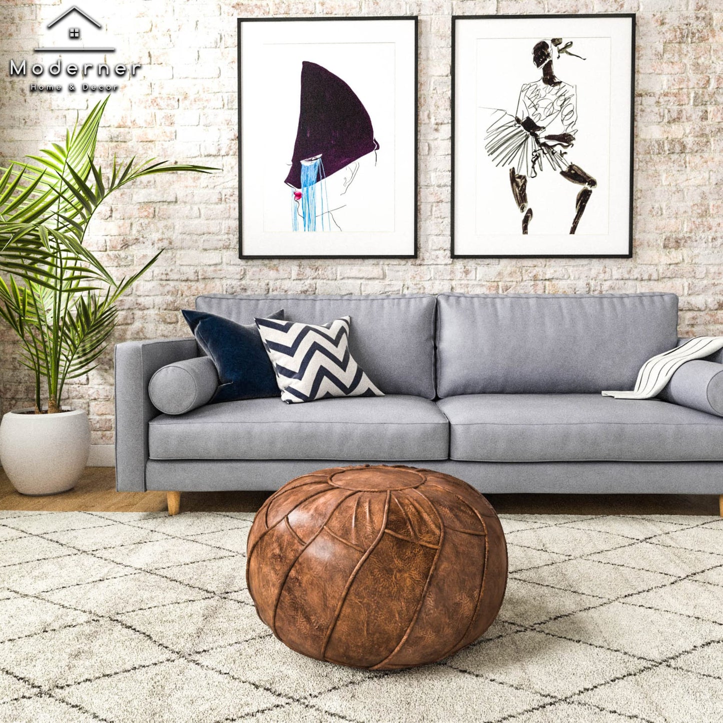Moderner Faux Leather Pouf Unstuffed Ottoman Moroccan Footstool, Floor Footrest Cushion, Storage Solution - Natural Brown Color (Mocha, Round)