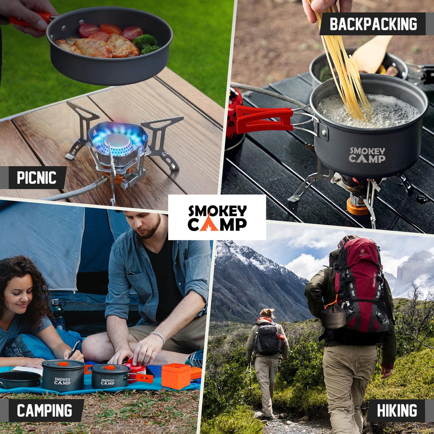 10 Pcs Smokey Camp Backpacking Cooking Set with Stove & Adapter - 2 Pots Large Medium 1 Kettle 1 Large Pan 1 Stove 2 Adpater, Compact Non-Stick Camping Cookware Mess Kit, All in One (with Kettle)