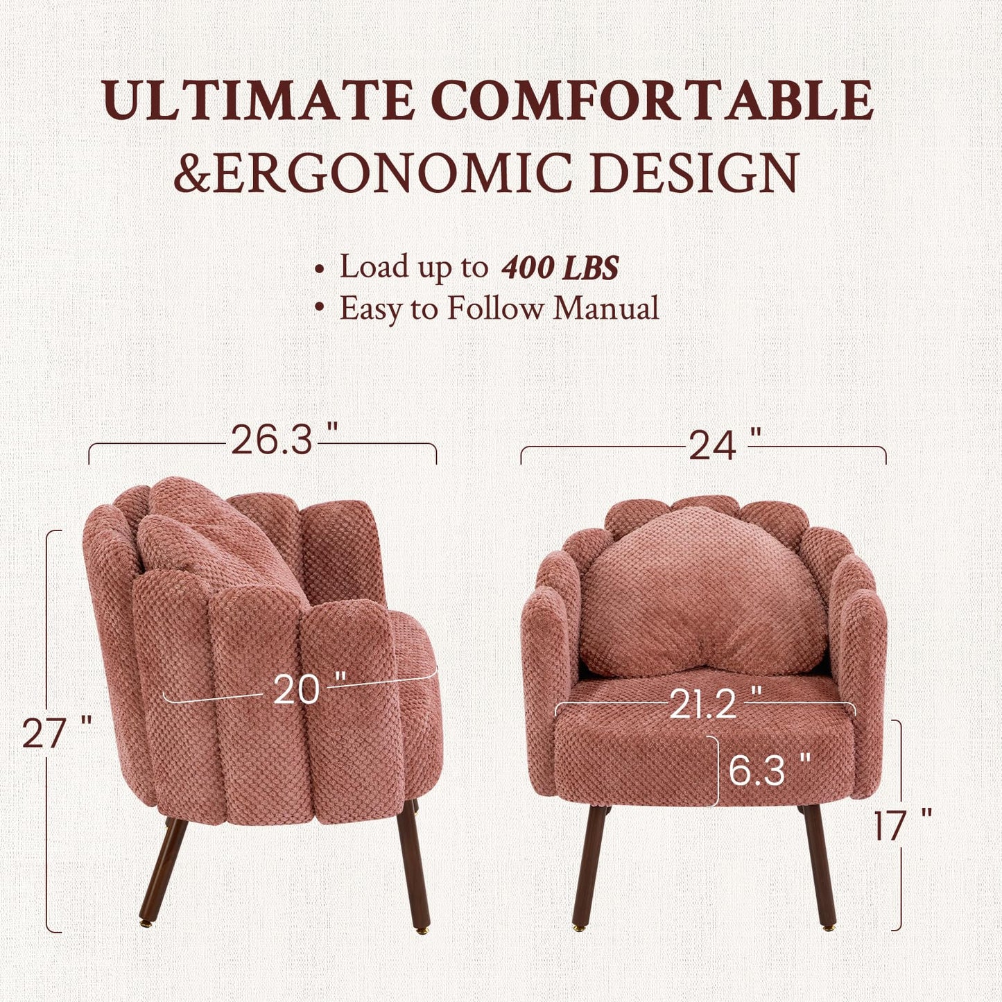 Furniliving Pink Vanity Chair, Velvet Accent Chair for Living Room, Shell Chairs with Wooden Legs, Makeup Chair for Bedroom, Armchair Cute Petal Reading Chair with Pillow