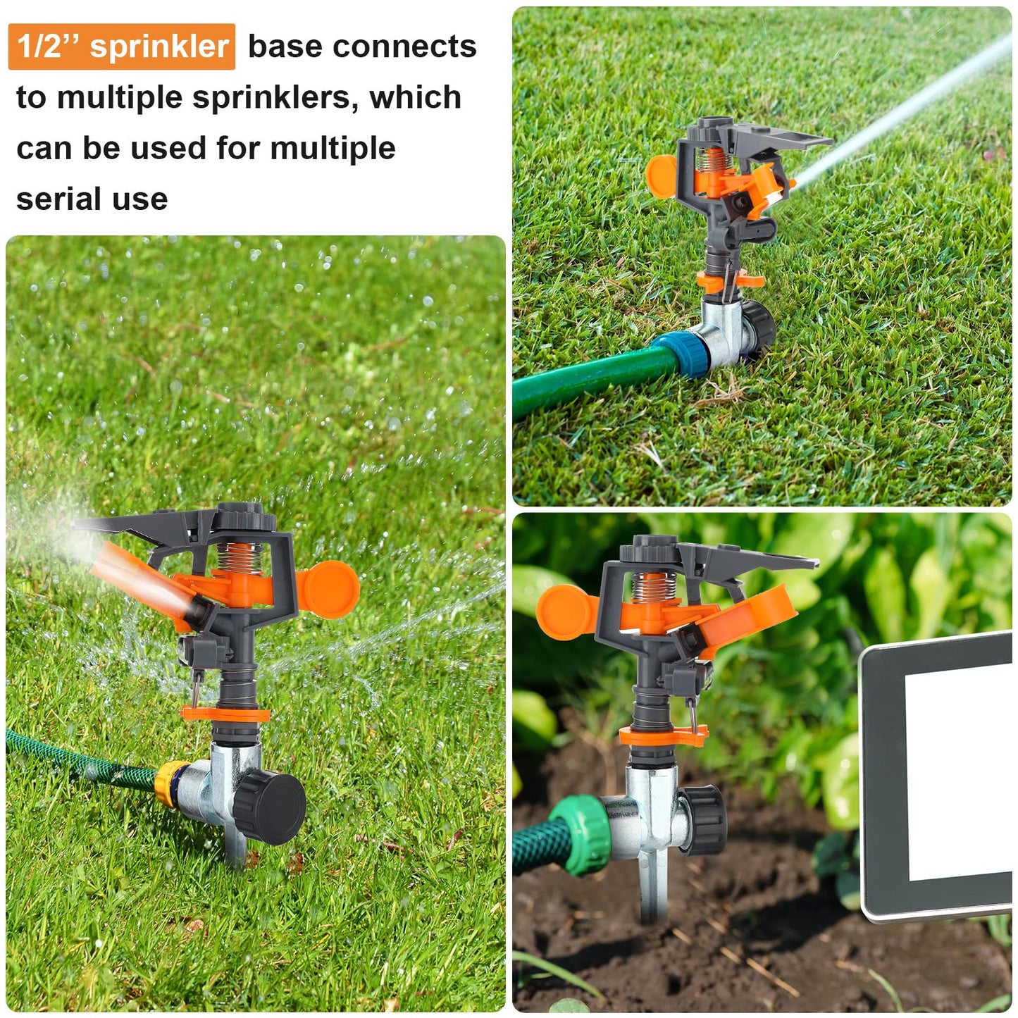12 Pack Pulsating Sprinklers with Metal Spike, 360° Adjustable Rotating Impact Sprinkler Large Area Coverage Sprinklers for Yard Lawn Garden Above Ground Sprinkler System (Black and Orange)