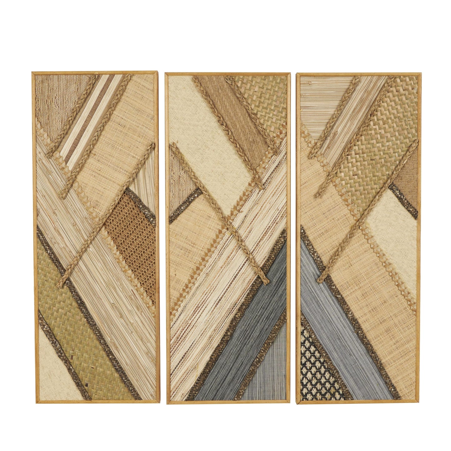 Deco 79 Wooden Geometric Handmade Home Wall Decor Textured Mixed Media Diagonal Wall Sculpture, Set of 3 Wall Art 12" W, 32" H, Brown