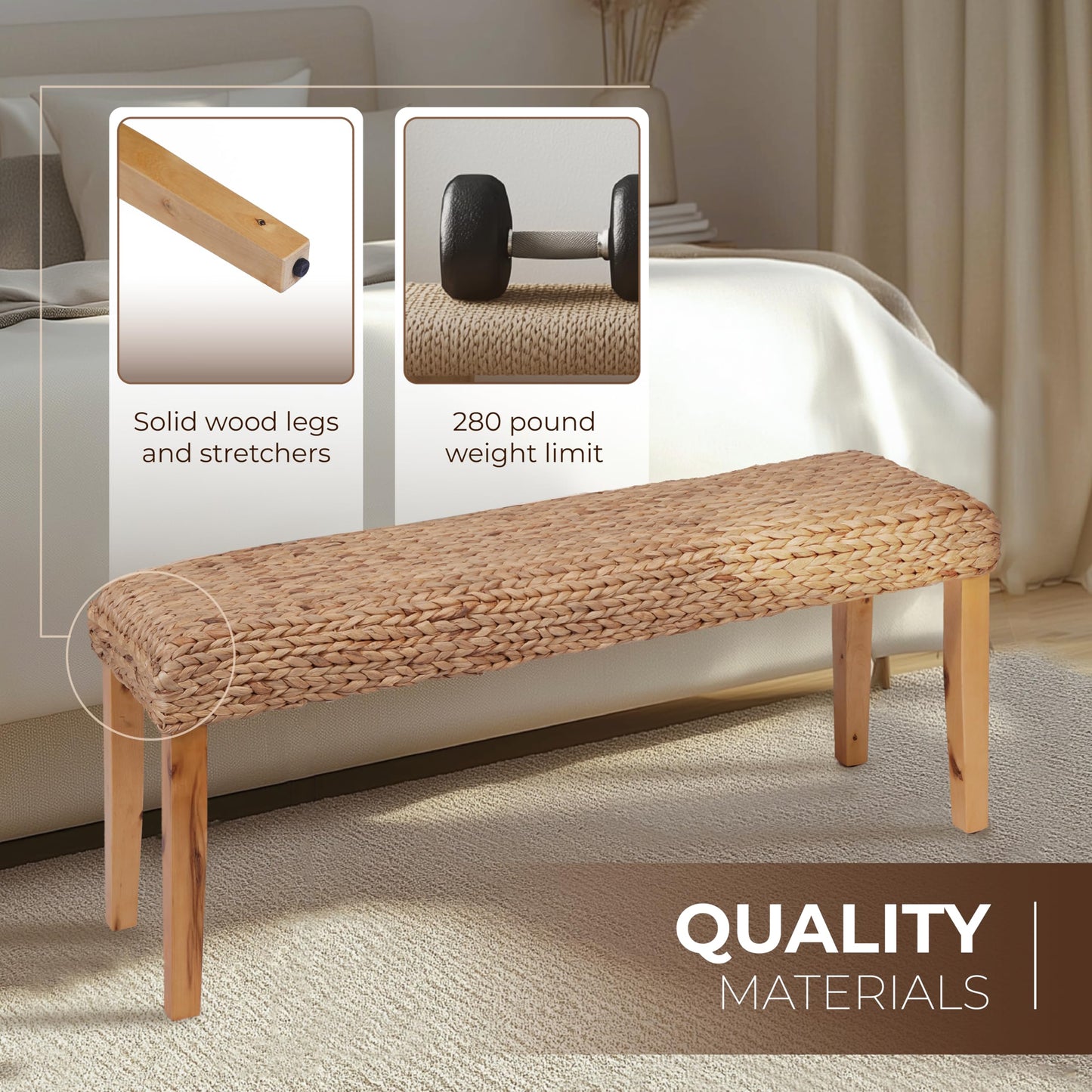 Solid Wood Acacia Indoor Bench with Natural Woven Seat, 47 Inch Wood Bench for Living Room or Entryway Benc, Bedroom End of Bed Bench or Dining Benches, Window Bench (Fishbone, Water Hyacinth)