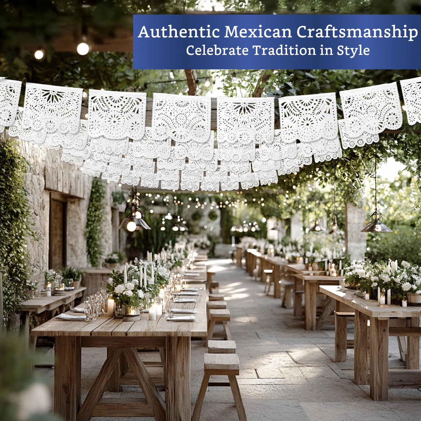 White Papel Picado Banner (5 Pack - 10 Plastic Flags per Banner) - White Mexican Banners for Parties and Weddings - Mexican Themed Party Decorations - Papel Picado Mexicano para Decoraciones