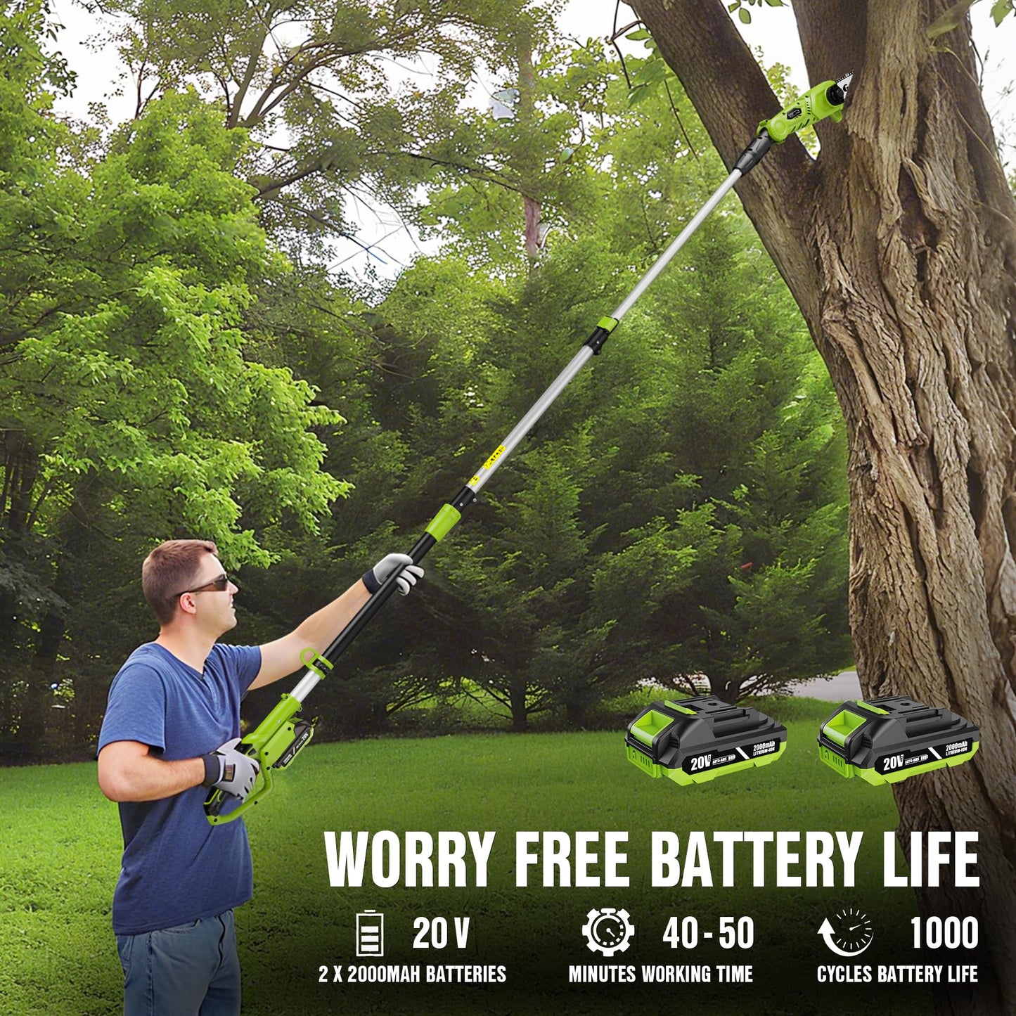 Electric Pole Saw for Tree Trimming, 20V 8-Inch Cordless Pole Chainsaw with Low Kick-Back Bar, Extends to 14.2 Ft, Auto Oiling, 2 Batteries & Fast Charger for High Branches, Orchard & Garden Use