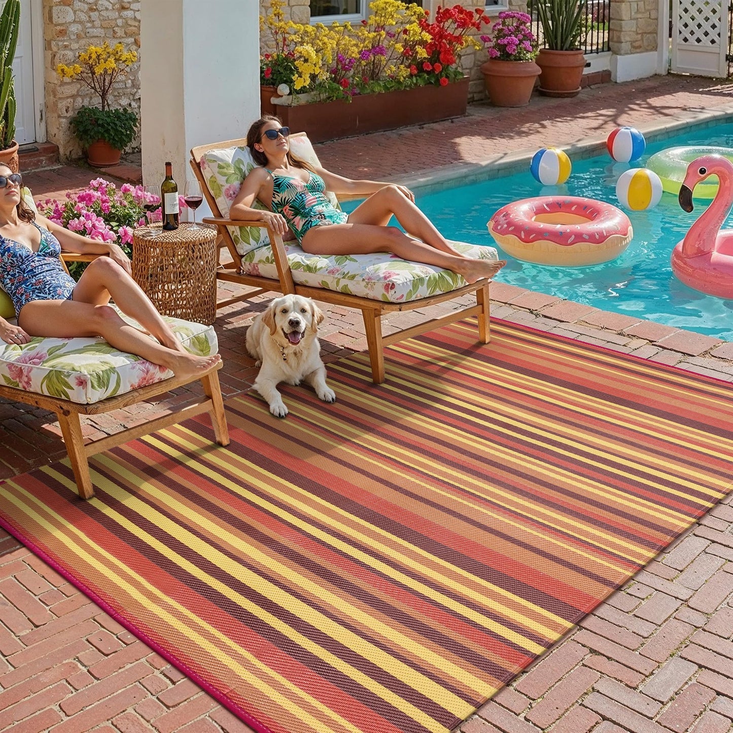 WondRg Outdoor Plastic Straw Rug Waterproof Patio 5x8 Red Orange Stripe Mat for Porch Camping RV Balcony Deck Courtyard Reversible Lightweight Durable Portable Carpet