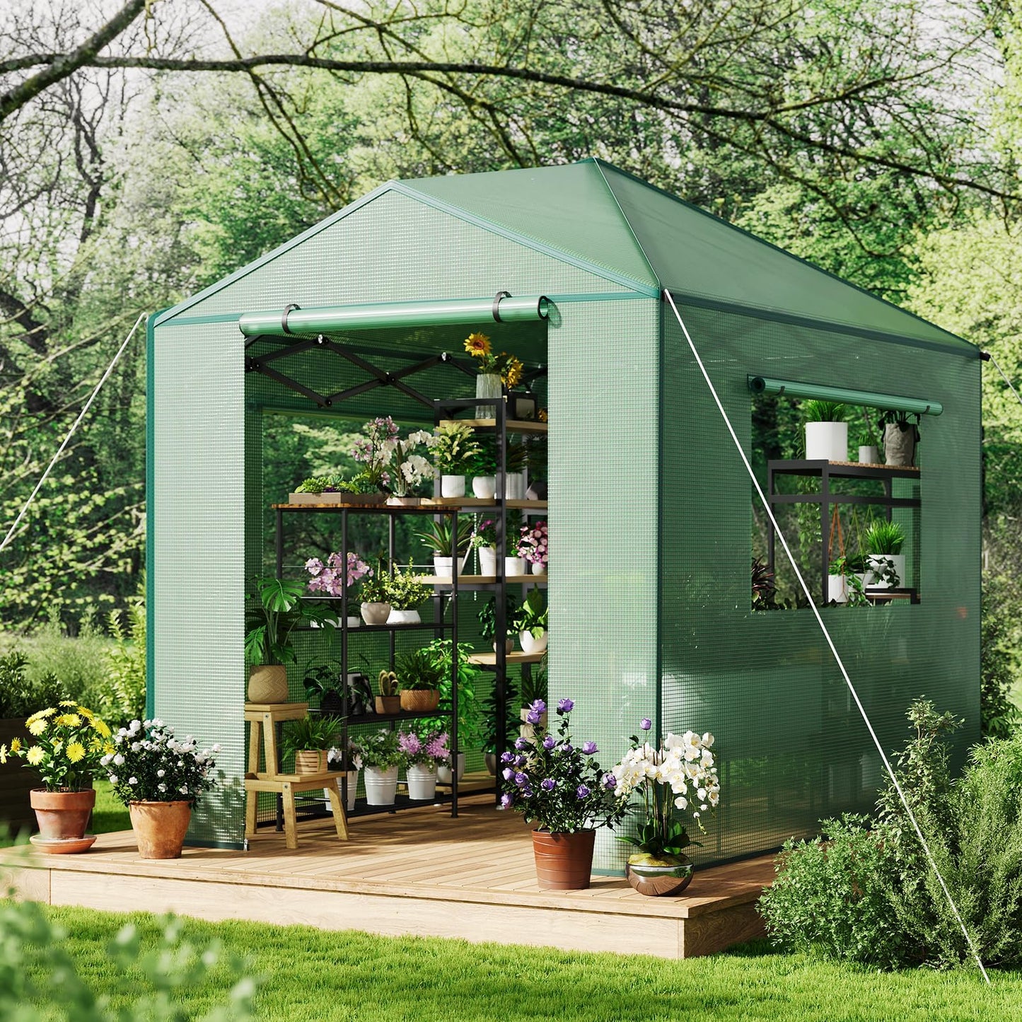 6x8 FT Pop-Up Greenhouse with Durable PE Cover, 96"x144" Large Grow Tent for All Seasons | Features Zippered Doors & Mesh Windows for Indoor/Outdoor Plants, Easy to Assemble (Green)