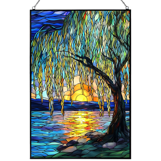 HYPESTYLE Customized Vertical Rectangle Willow Tree Suncatcher Stained Glass Window Hangings Sun Catchers Colorful Ornament Gifts for Women Mom Wife Christmas Halloween Housewarming