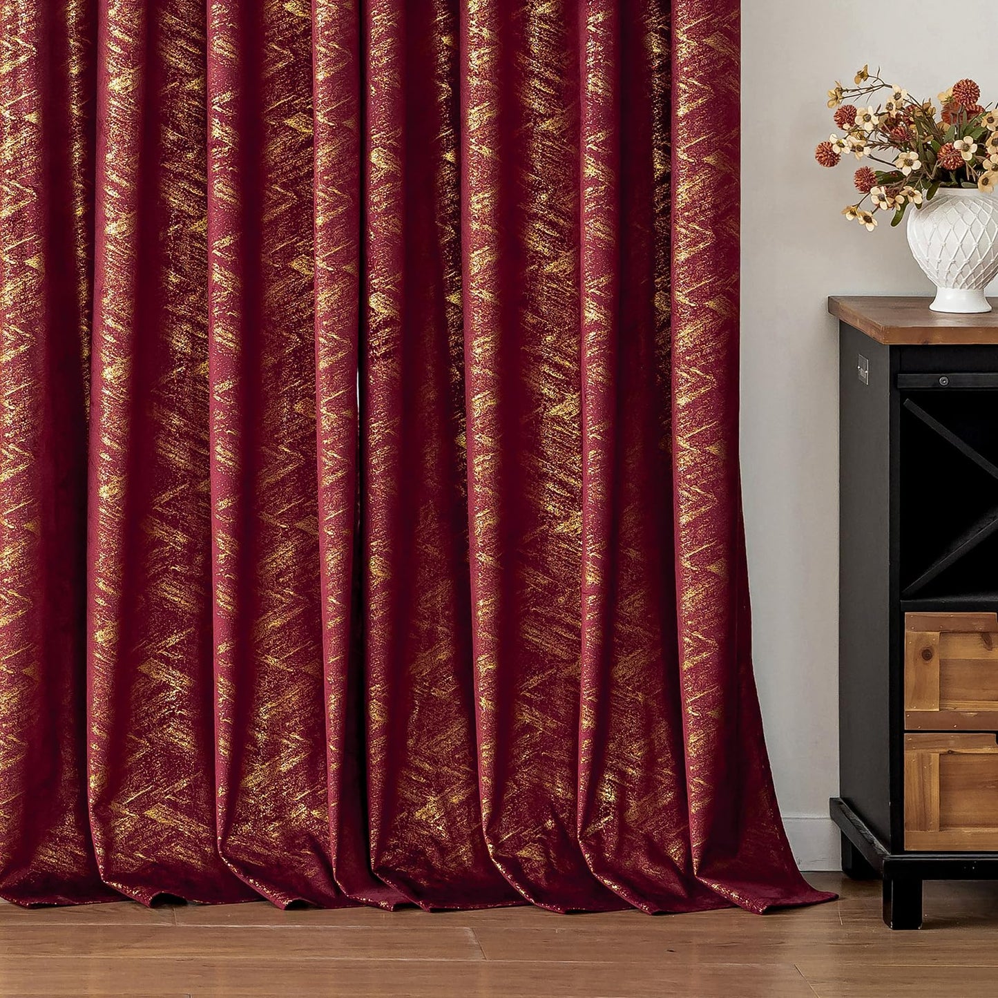 Luxury Burgundy Velvet Curtains for Living Room Bedroom Christmas Red and Gold Blackout Curtains 84 Inches 2 Panels Modern Gold Foil Print Noise Reducing Drapes Grommet Window Treatments, Burgundy