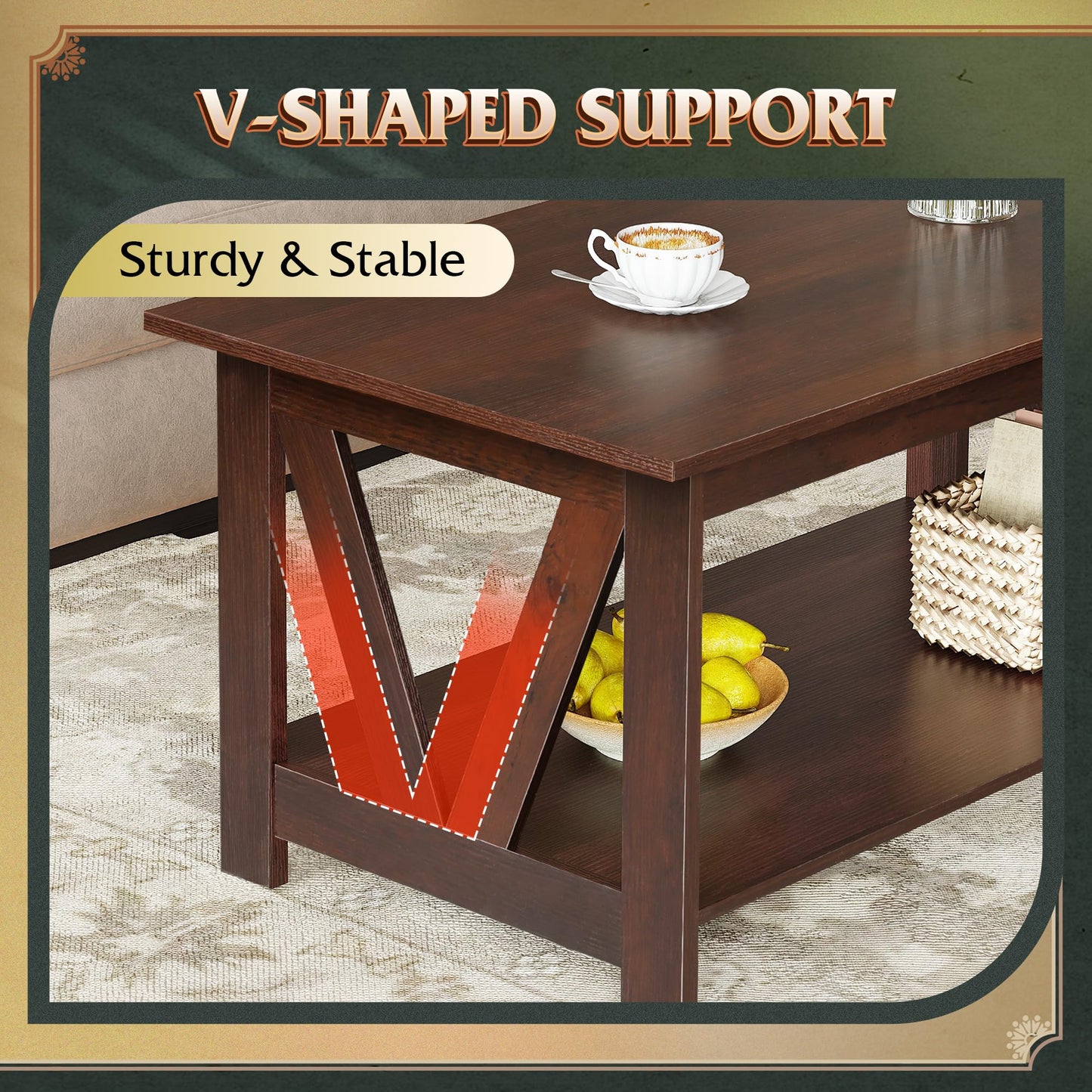 WLIVE Coffee Table with Storage Shelf, 39.4" Farmhouse Coffee Table with V-Frame Support, 2-Tier Wood Rustic Center Table for Living Room, Bedroom & Balcony, Espresso