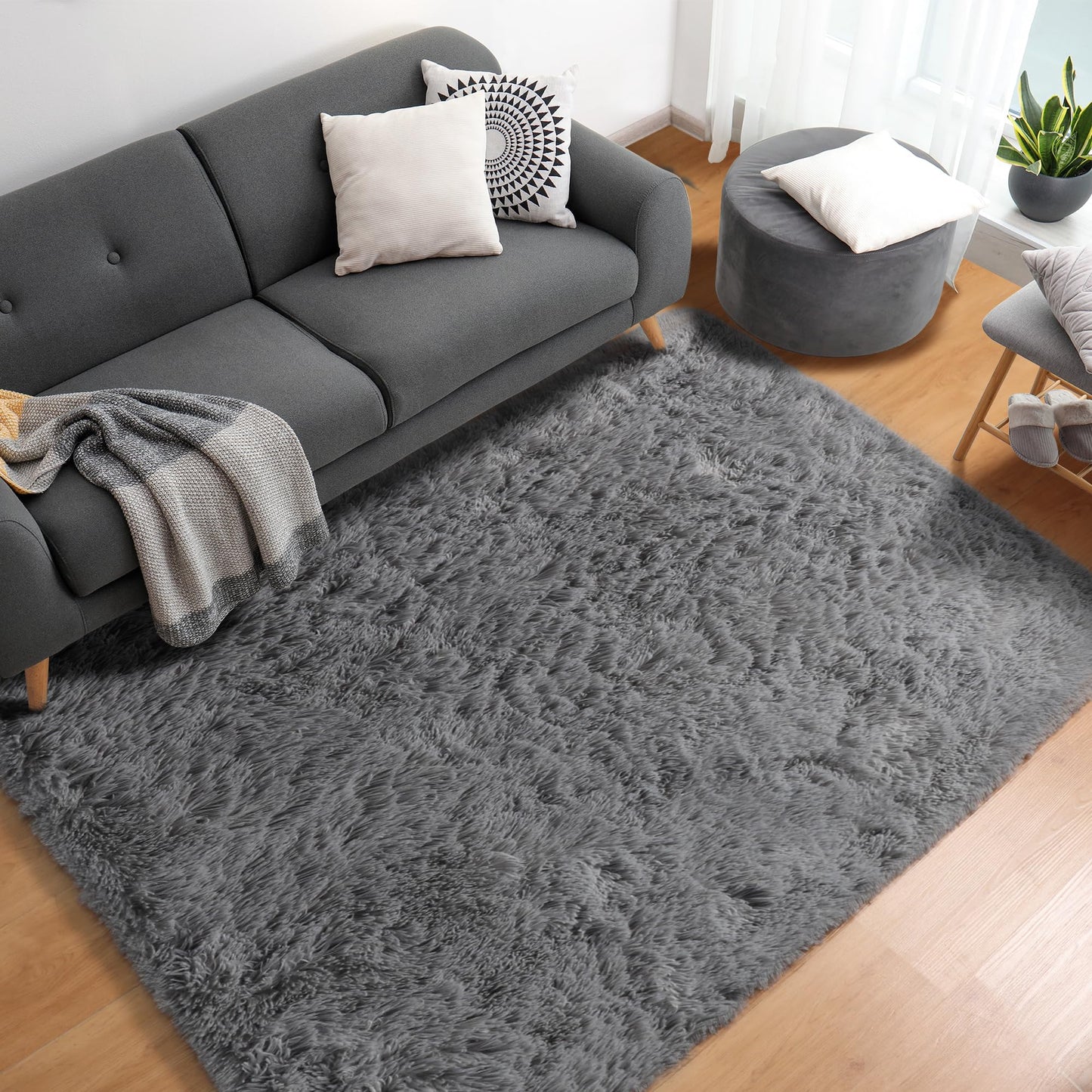 ONASAR Grey Area Rugs for Bedroom Living Room, Fluffy Fuzzy Shag Shaggy 4x6 Bedside Rug, Gray Soft Plush Indoor Floor Carpet for Nursery Kids Girls Boys Teen Dorm Home Office Decor Aesthetic