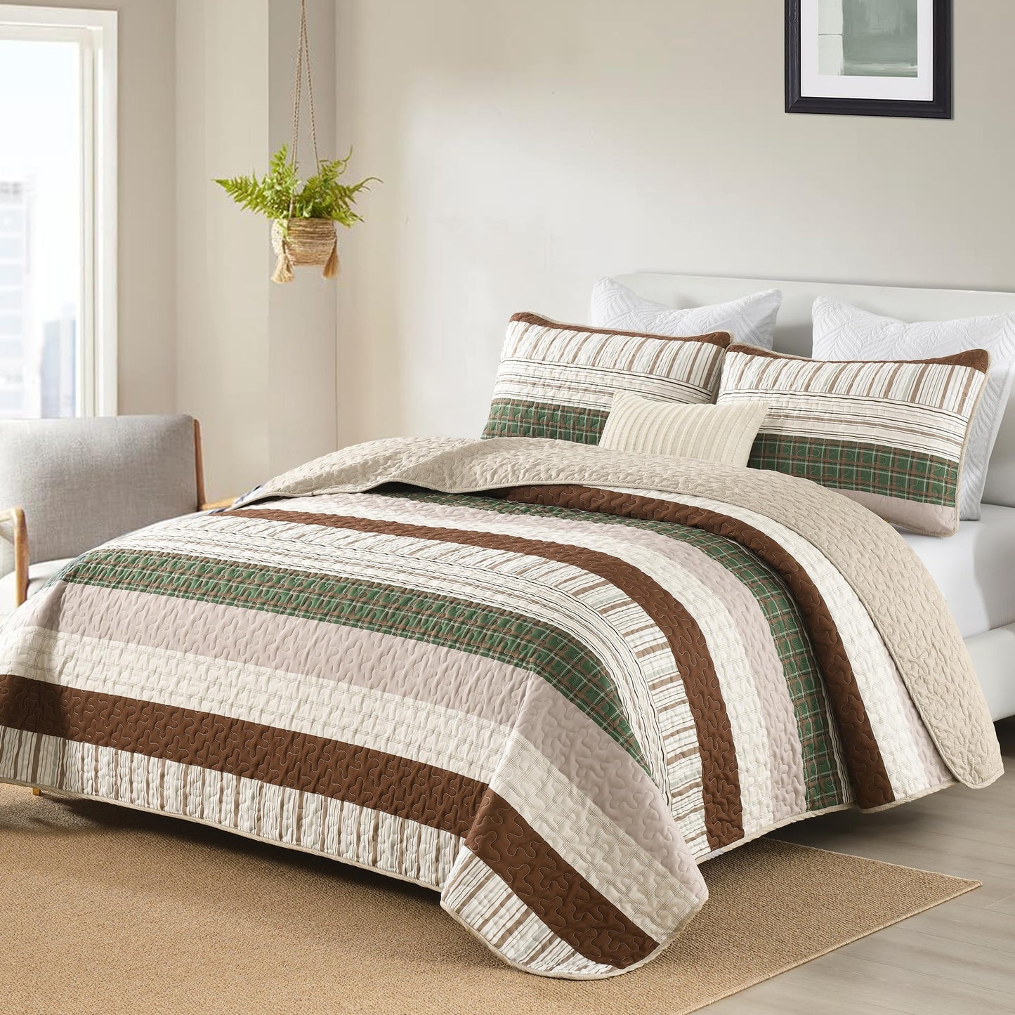 DJY Striped Quilt Set Queen Size, Boho Brown Green Striped Bedspread Coverlet Set Soft Microfiber Patchwork Quilt Bedding Set 3 Pieces for All Season(96"x90")