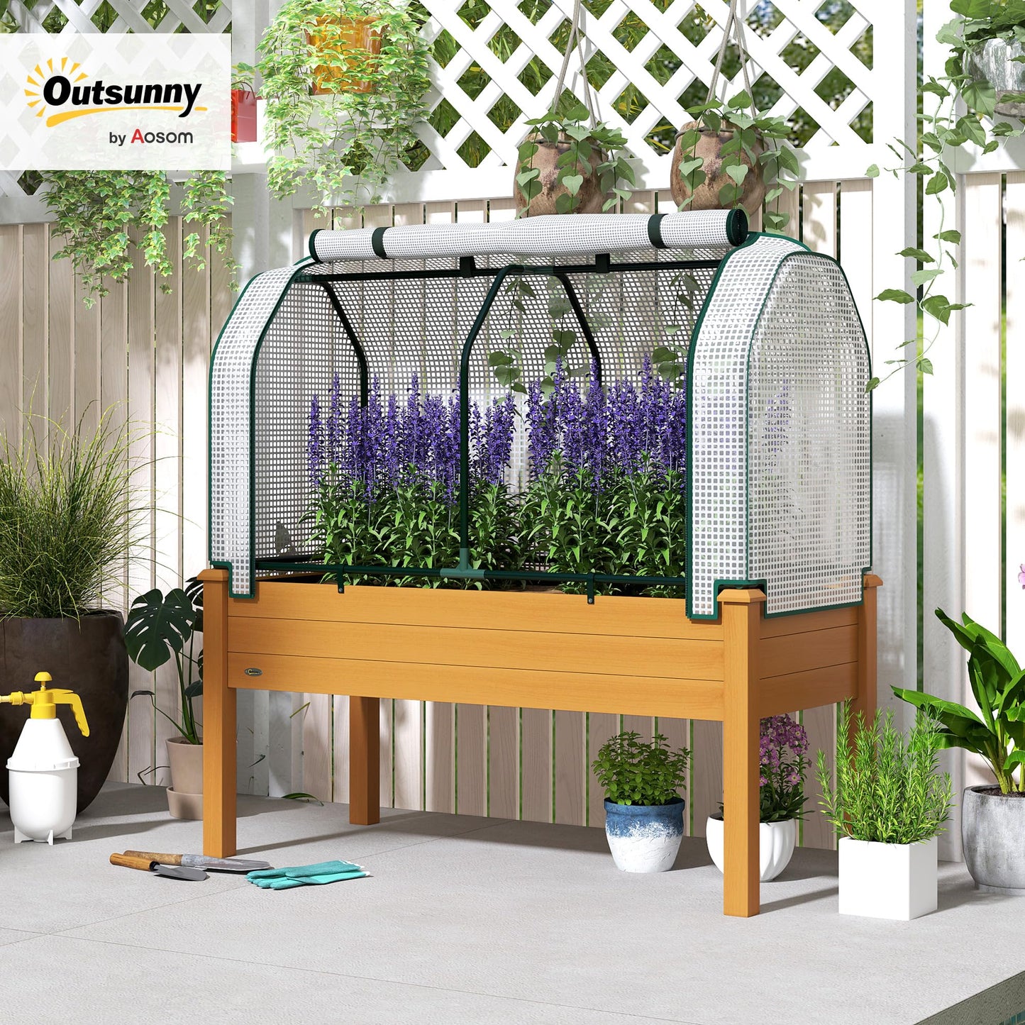 Outsunny Raised Garden Bed with PE Greenhouse Cover Outdoor Elevated Wood Planter Box for Herbs and Vegetables, Use for Patio, Backyard, Balcony, 48 x 22 x 46 inch, Sand