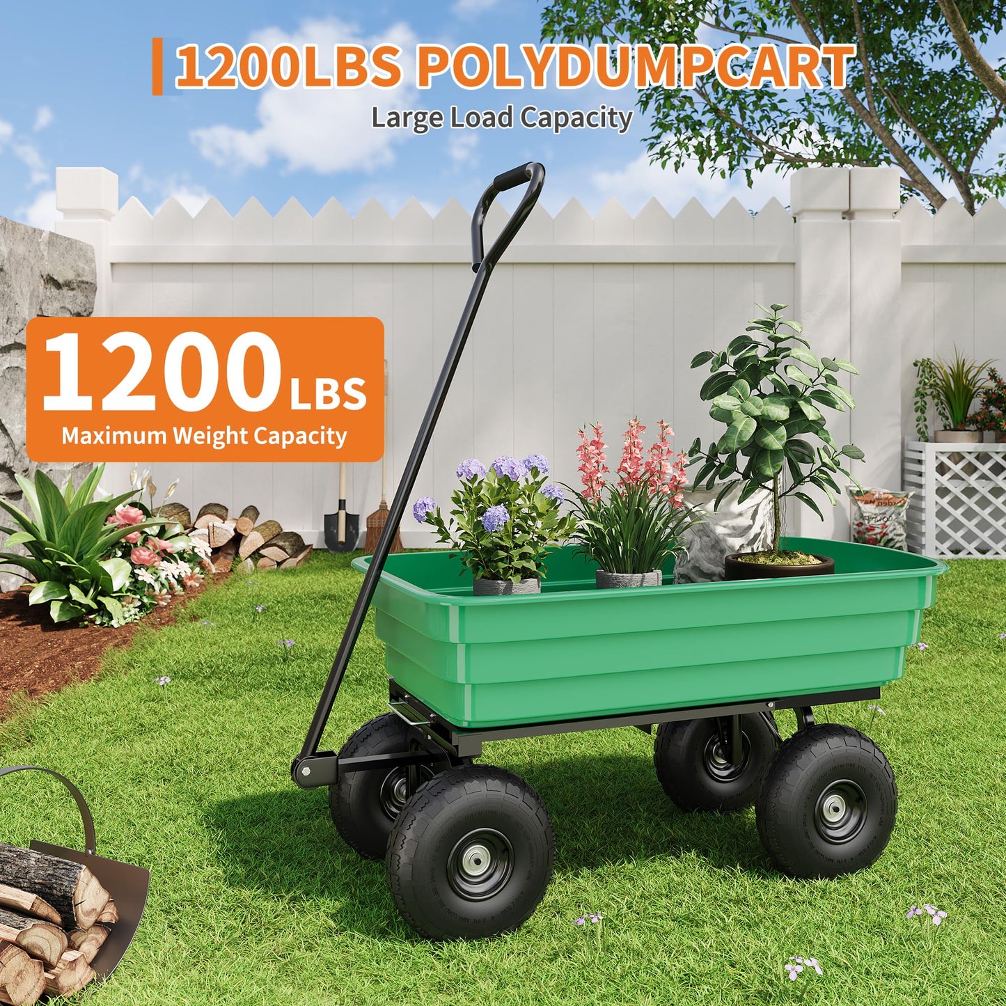 Garden Dump Cart, 6 Cu.Ft. 1200Lbs Garden Cart, Heavy-Duty 4 Wheel Wheelbarrow Yard Cart with 13-Inch All-Terrain Wheels, Features A Quick-Release Tipping Function, for Courtyards, Farm, Gardening