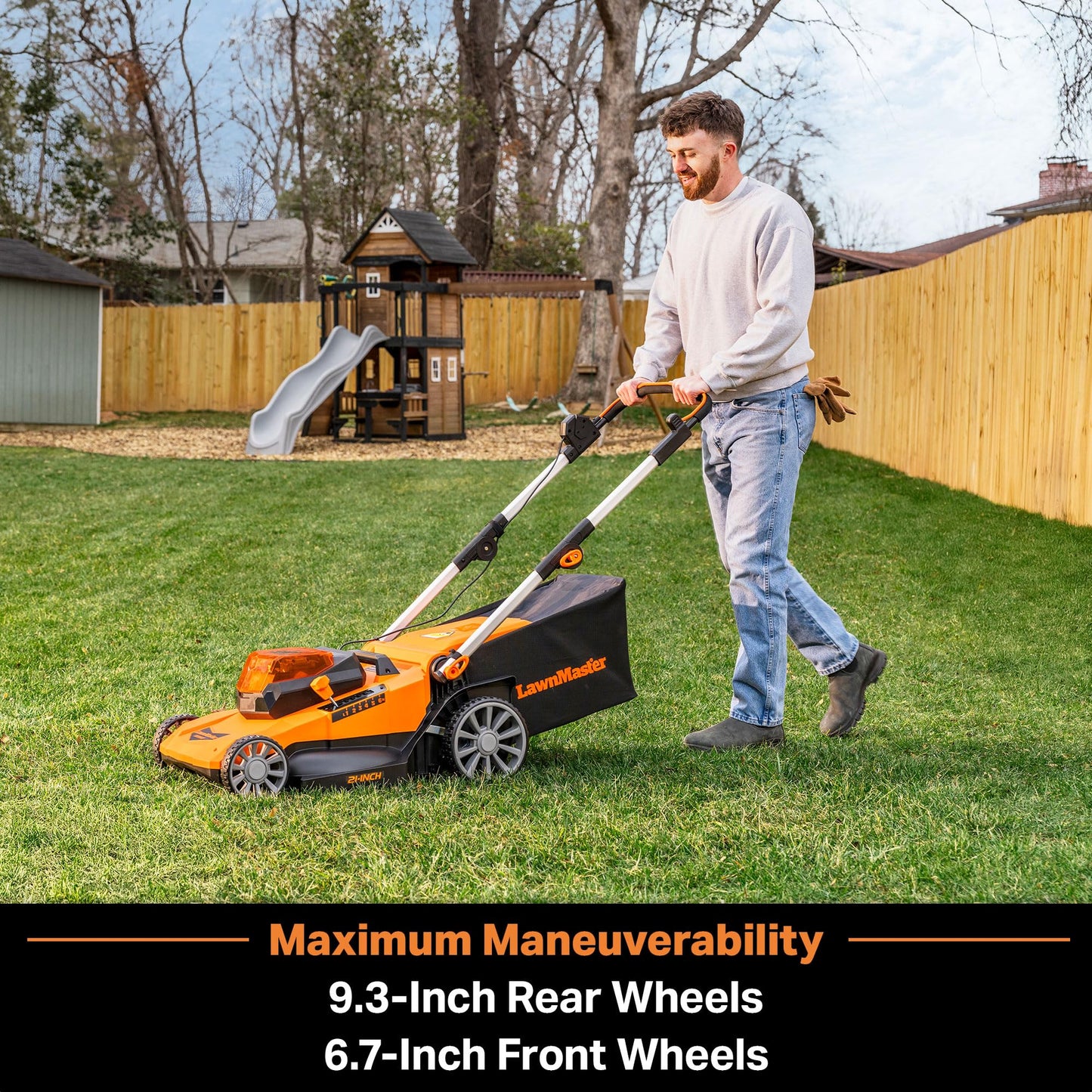 LawnMaster CLMF4821A Cordless Lawn Mower Brushless 48V MAX 21Inch 3-in-1 Function with 4X24V MAX 4.0Ah Battery and a Dual Charger