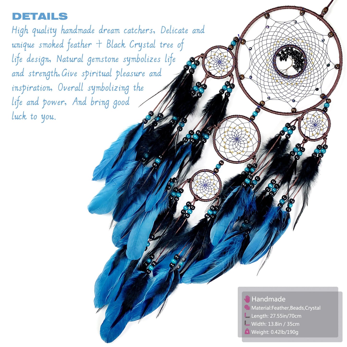 Large Dream Catchers, Boho Handmade Woven Blue and Black Dream Catcher Wall Hanging Ornament for Bedroom Living Room Adults Wedding Party Decor, Festival Blessing Gift (Blue & Black)
