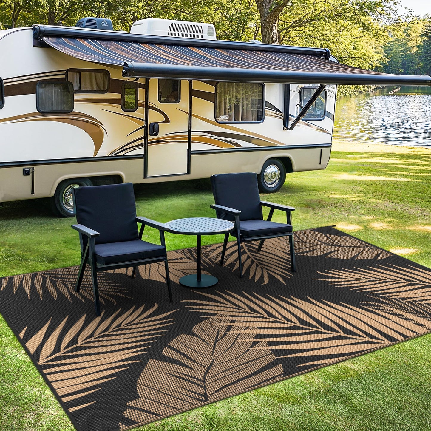 sarben Outdoor Rug 10’x14’ Waterproof for Patio Clearance, Reversible Indoor Outdoor Plastic Straw Camping Rug Carpet, RV Mat, Large Area Rug for Deck, Backyard, Balcony, Porch, Beach, Black & Brown