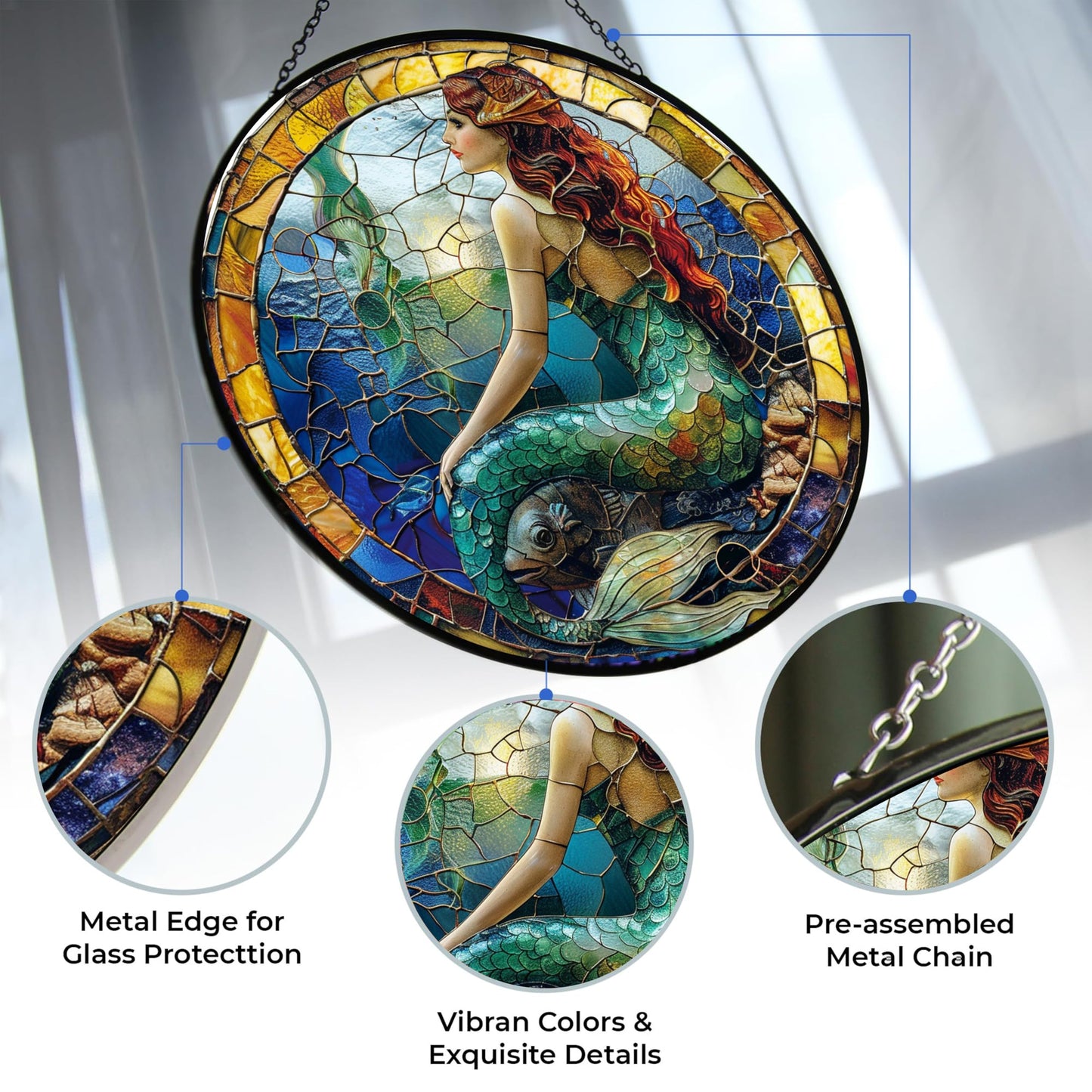 365CUSGIFTS Mermaid Stained Glass Window Hanging Sun Catcher Halloween Haning Ornament Decoration Christmas Birthday Gifts for Lover and Friends