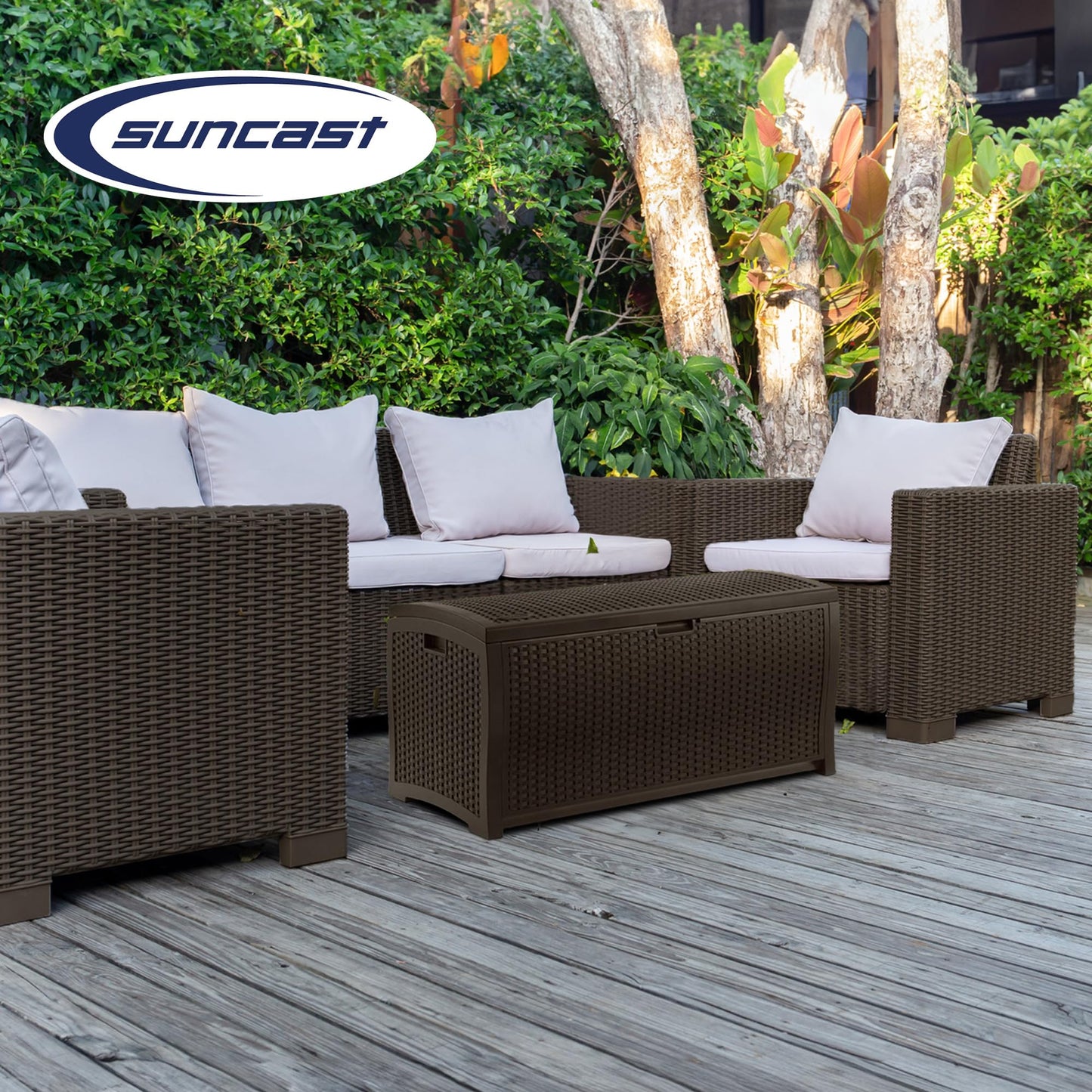 Suncast Outdoor Storage Box - 73 Gallon Mocha Brown Deck Box for Patio, weather-resistant Outdoor Storage Bench, Resin Wicker Style, Heavy-Duty, Lockable Lid for Cushions, Shoes, Pool & Garden Gear