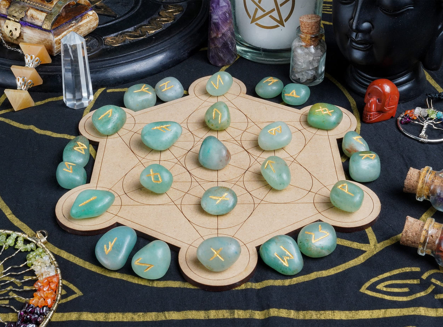 Crocon Green Aventurine Rune Stones Set Engraved with Elder futhark Crystal Runes Set, Reiki Healing runas for Meditation Chakra Balancing Rune Stone for Beginners with Crystal Guide & Pouch 15-20 mm