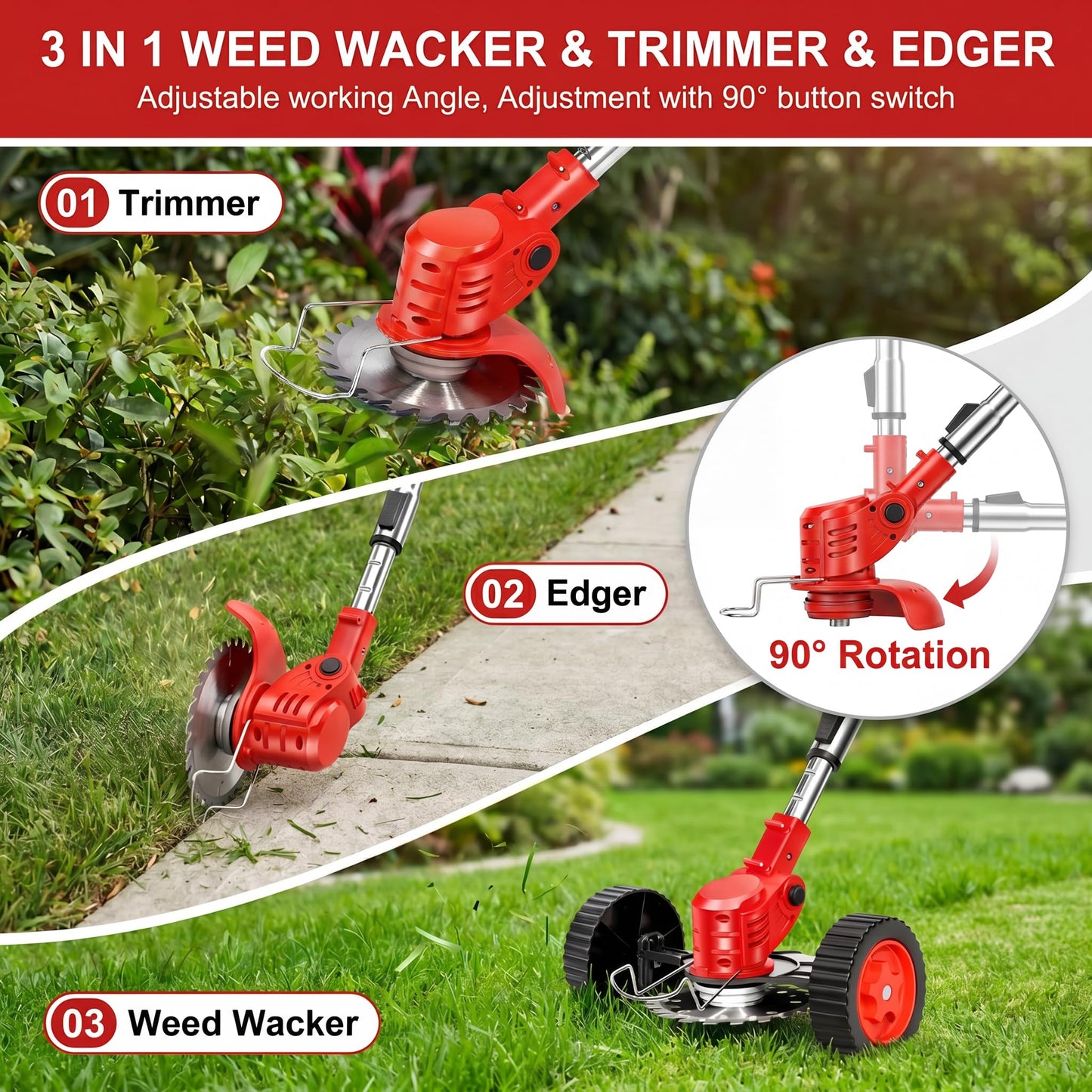 21V Cordless Weed Wacker with Wheels, 3-in-1 String Trimmer/Lawn Edger/Brush Cutter, 2x2.0Ah Battery & 3 Blades, Adjustable Height, Lightweight & Easy for Thick Weeds & Small Yards – Homeowner