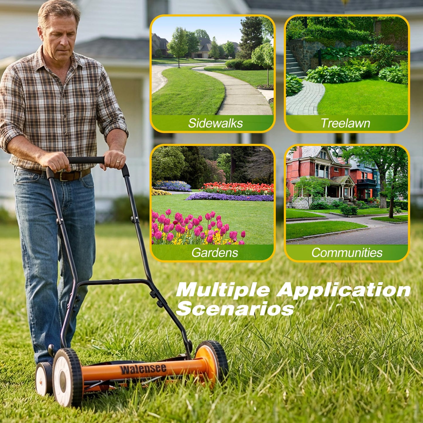 Walensee Push Reel Lawn Mower, 20-Inch 5-Blade Cordless Manual Reel Lawn Mower, Walk-Behind Steel Lawn Mower with 9-Position Cutting Height Adjustment & Sponge Grip