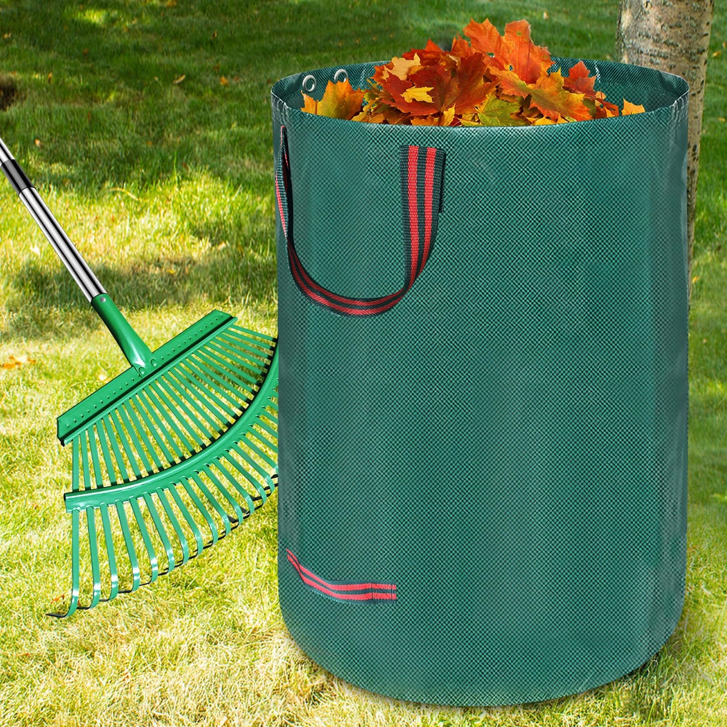 Adjustable Metal Leaf Rake Set – 25 Tines, 38-73" Handle, 19" Wide with 2 Pack 32-Gallon Leaf Bags & Scoops – Heavy Duty Garden Rake for Lawns, Shrubs, Grass, Flower Beds & Outdoor Use