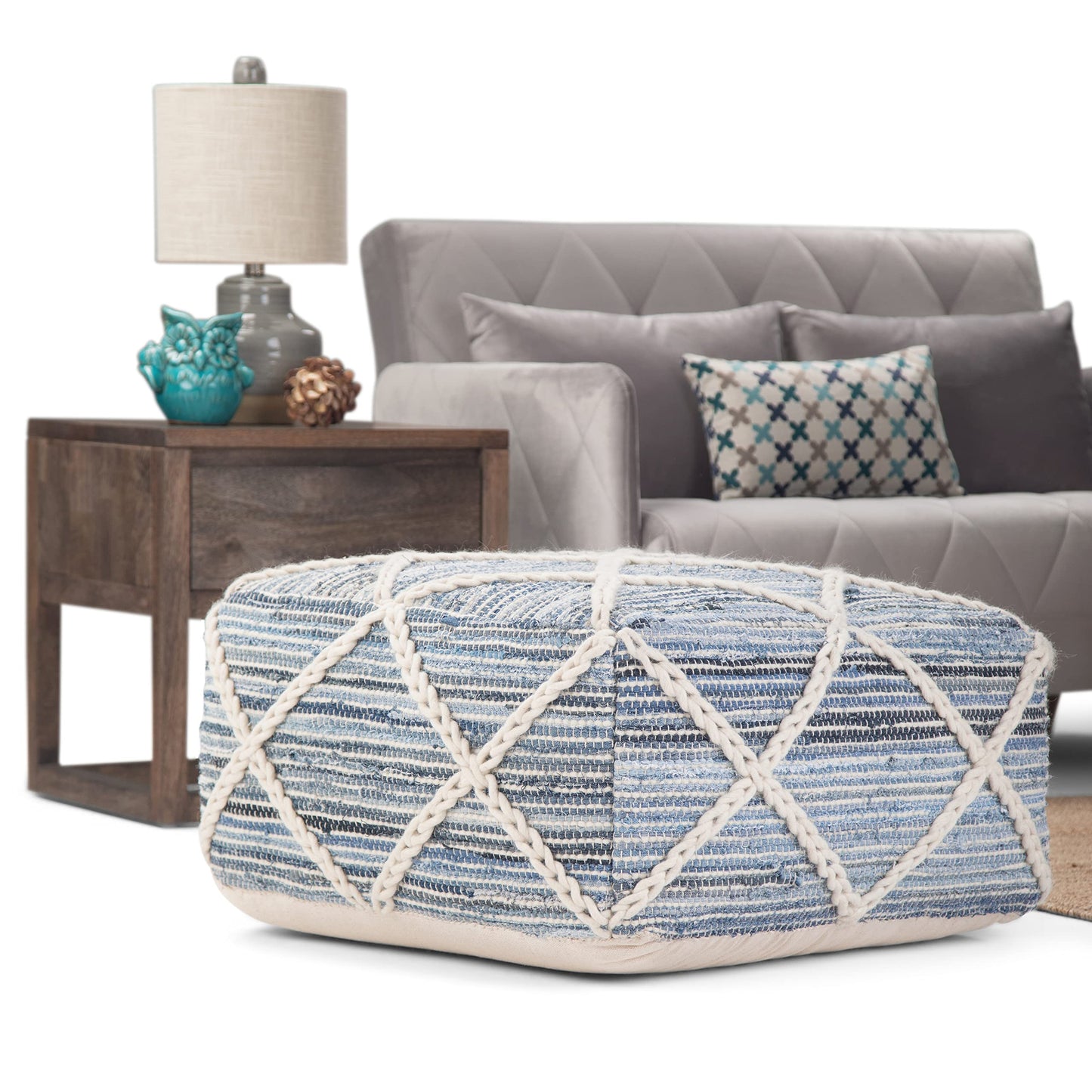 SIMPLIHOME Cowan Square Pouf - 20 inch Wide Handloom Woven Wool and Cotton Ottoman in Blue and Natural, Contemporary Footstool or Extra Seating for Living Room, Bedroom, or Kids Room, Assembled