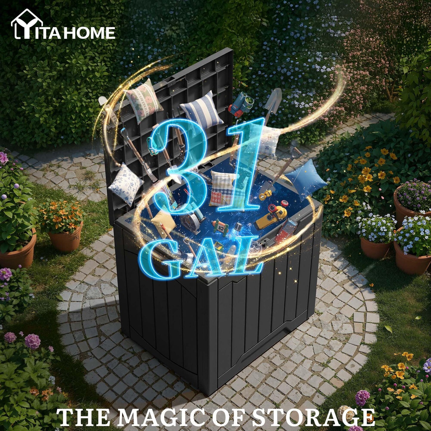 YITAHOME Outdoor Resin Storage Box 31 Gal, Water-resistant Patio Deck Box Outdoor Storage Box for Pillows, Garden Equipment, Securely Lockable, Black