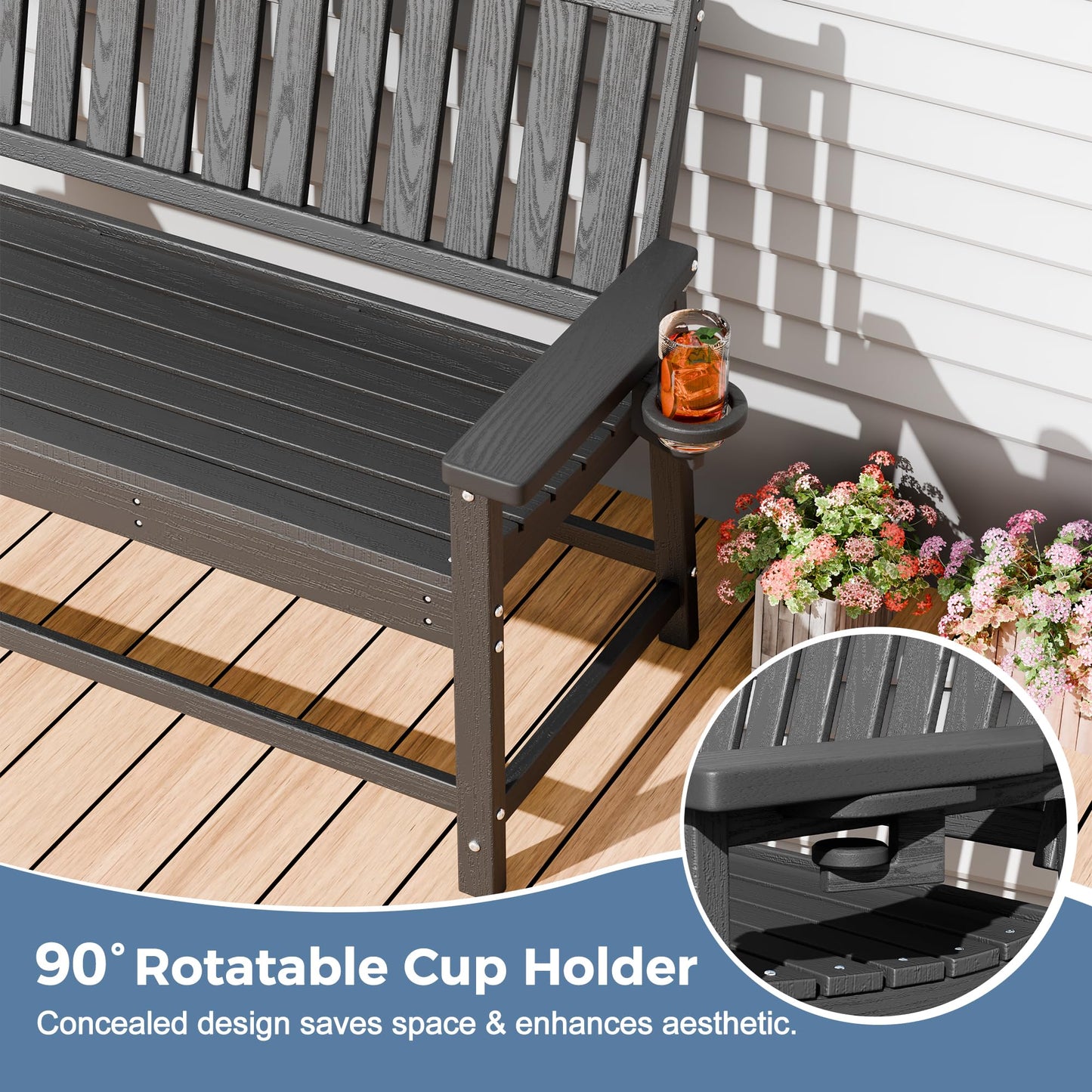 WACASA 48" Outdoor Bench, HDPE Weatherproof Porch Bench, 2-Person Garden Benches with 660 Lbs, Waterproof Patio Benches for Outside Balcony Deck Backyard, Grey