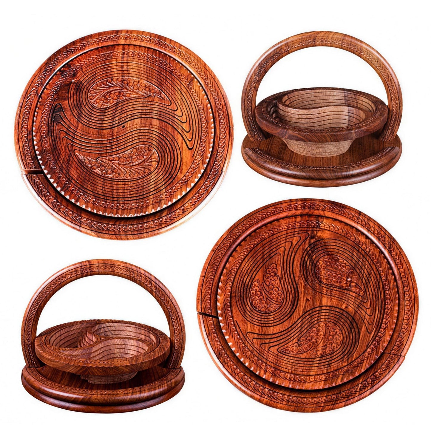 LANXGNAN Wooden Folding Fruit Basket - Handmade Rosewood Fruit Bowl with 1/2/3/4 Compartments, Collapsible for Storage (1-Grid)