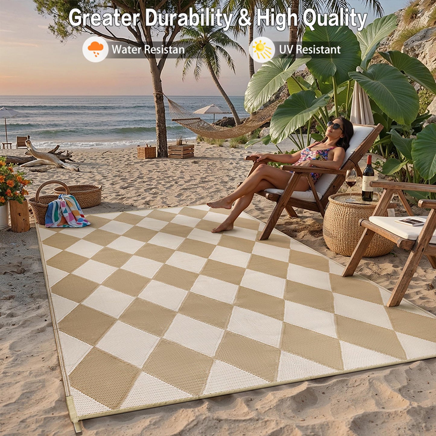 WondRg Outdoor Plastic Checkered Rug Waterproof Patio 9x12 Beige Brown Diamond Geometry Mat for Porch Camping RV Balcony Deck Courtyard Reversible Lightweight Durable Portable