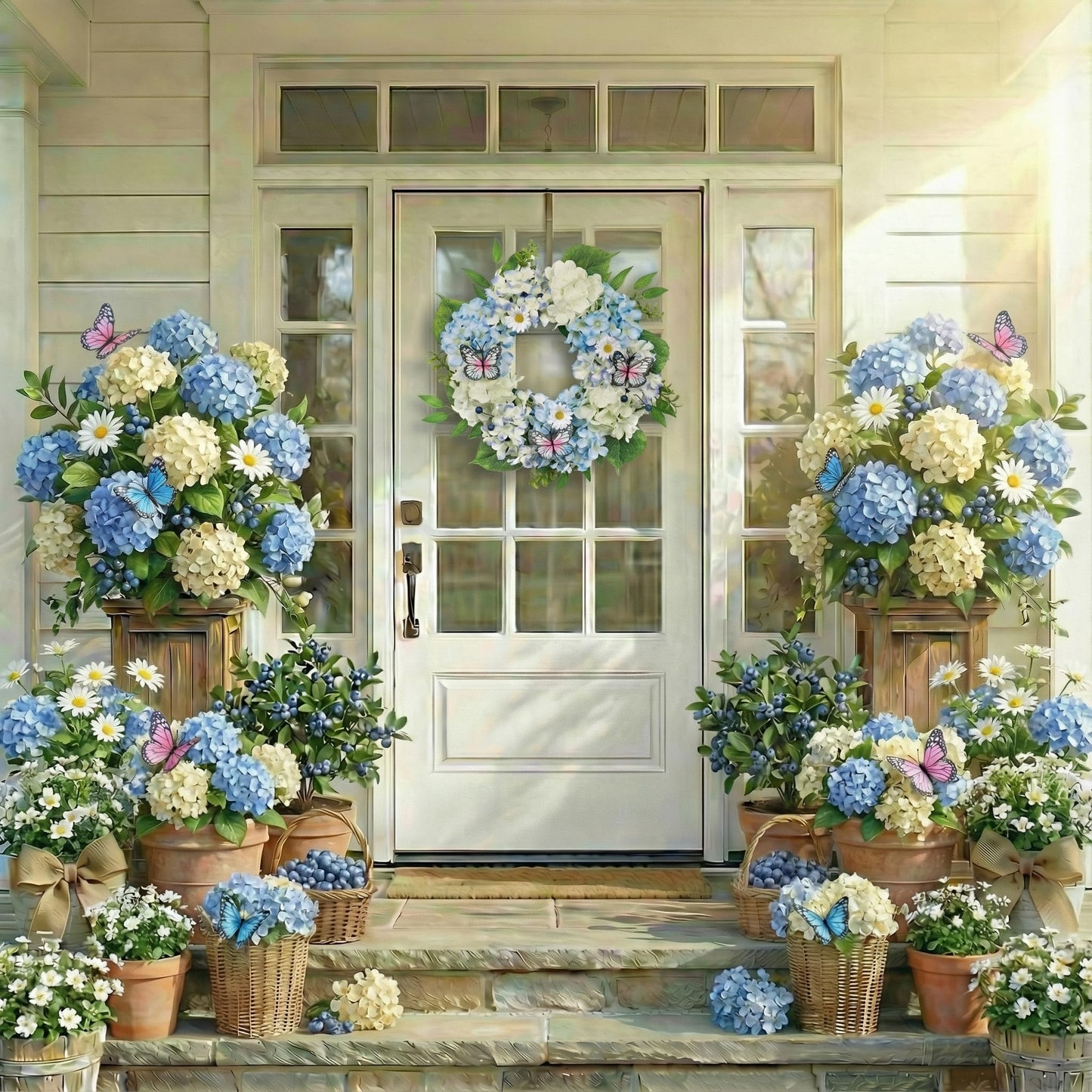 Valery Madelyn Spring Wreaths for Front Door with Lights, Silk Blue White Hydrangeas Floral Summer Wreath with Eucalyptus Leaves Butterfly for Home Porch Window Wedding Arch-18''