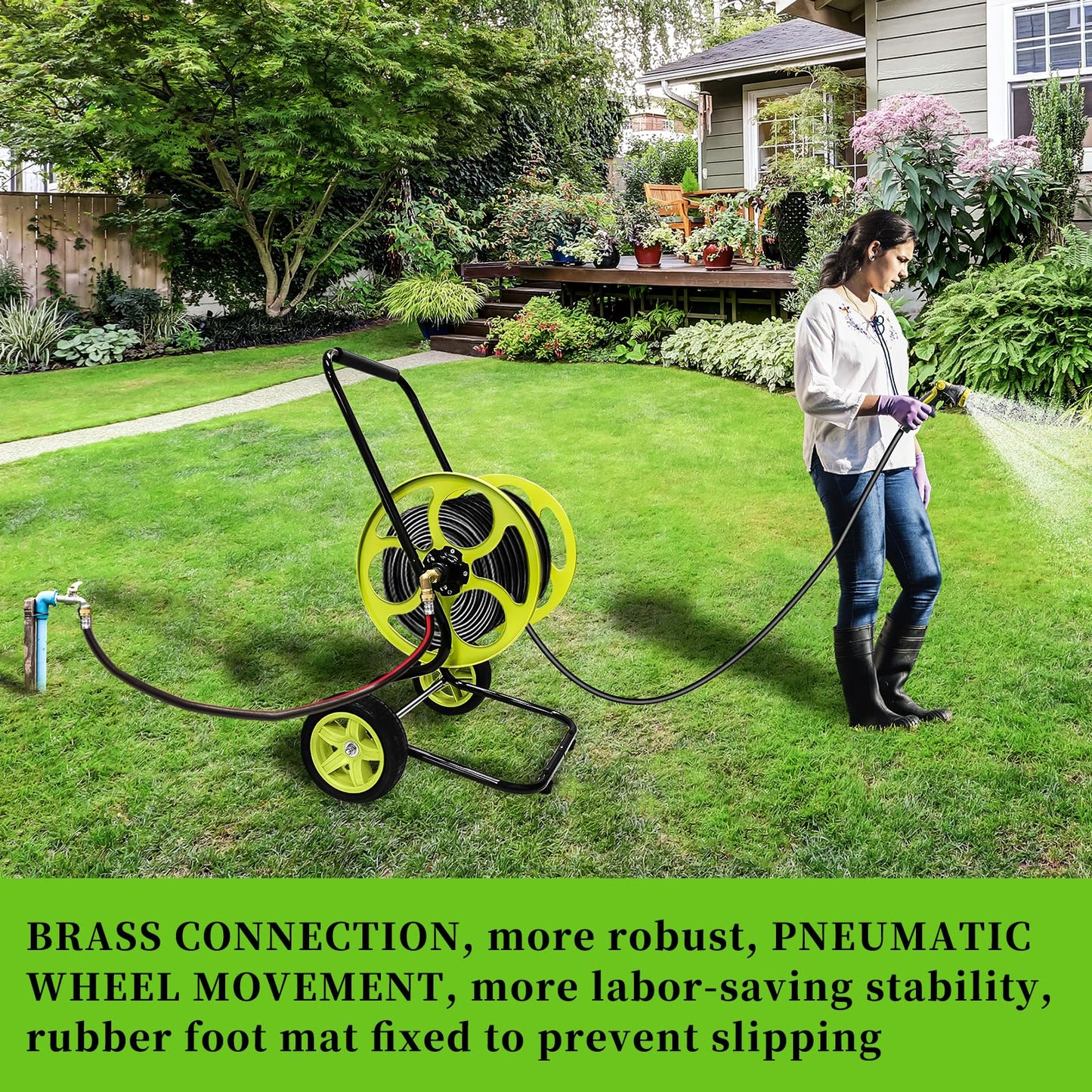 Stainless Steel Garden Hose Reel Cart - Heavy Duty, 10" Rubber Wheels, Holds 400 Feet of 5/8" Hose, For Yard/Lawn (With 5 FT Hose included)