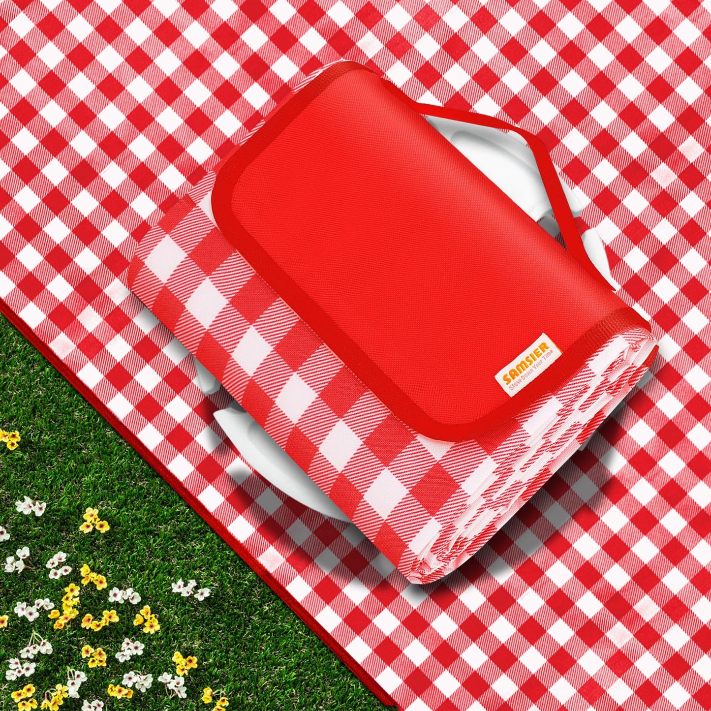 SAMSIER Outdoor Picnic Blankets Waterproof Foldable Sandproof, Large Gingham Cute Picnic Mat Washable Portable for Park Beach Camping Courtyard (Red, 60"×80")