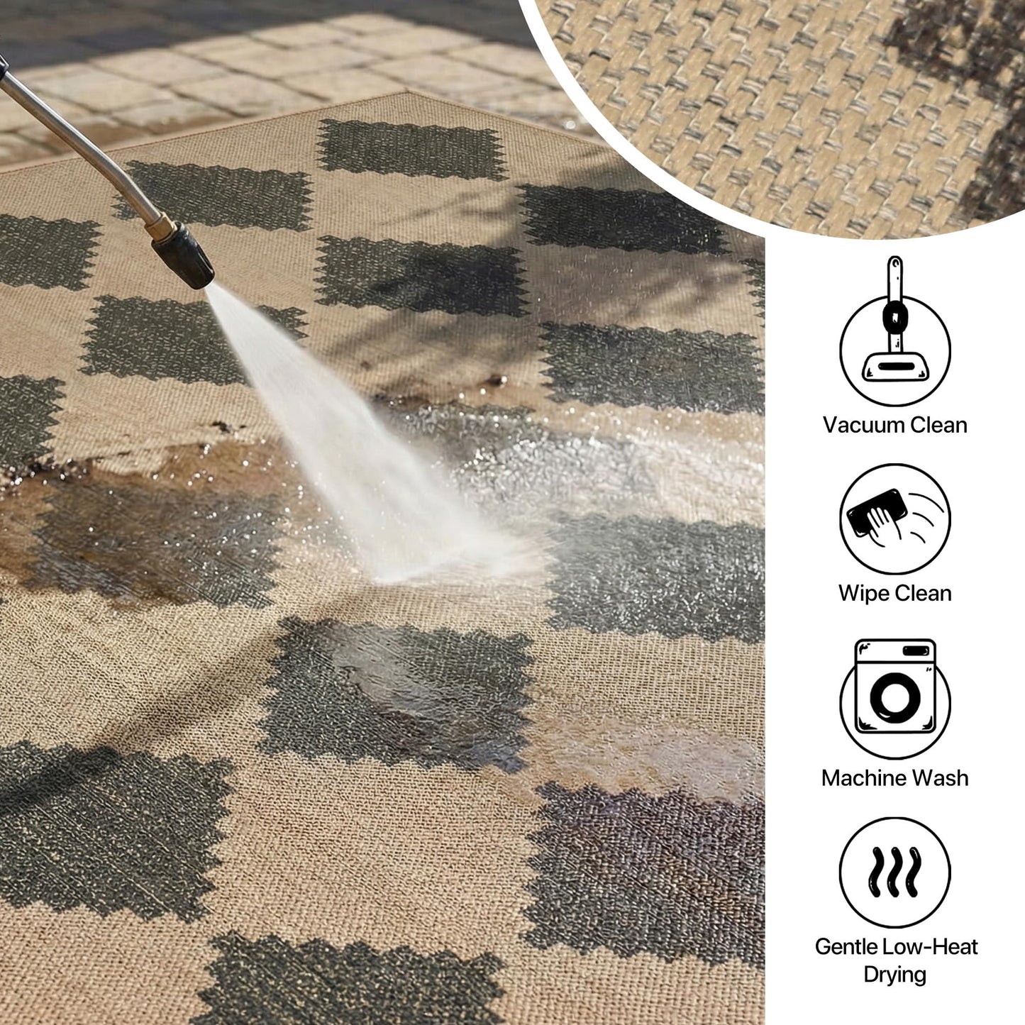 GENIMO Indoor Outdoor Area Rug 5'x8', Checkered Easy Jute Rug Machine Washable, Easy-Cleaning, Non Slip Geometric Outdoor Carpet for Patio, Living Room, Backyard, Porch, Deck, Balcony