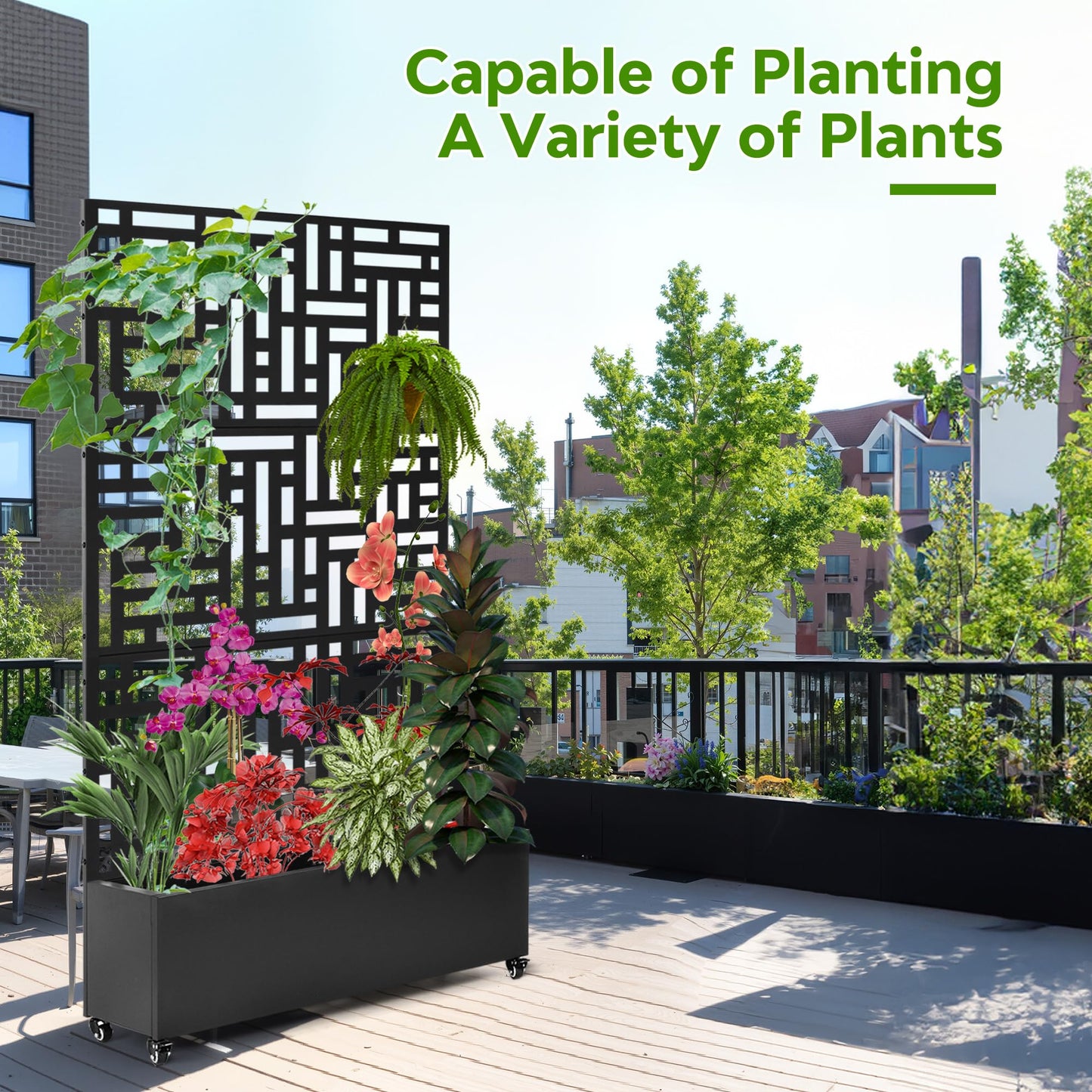 SERdeerCH Metal Planter Box with Trellis,71”Raised Garden Bed with Trellis Privacy Screen and Drainage.Wheeled for Patio Flexibility,for Climbing Veggies/Flowers.DIY-Friendly Design