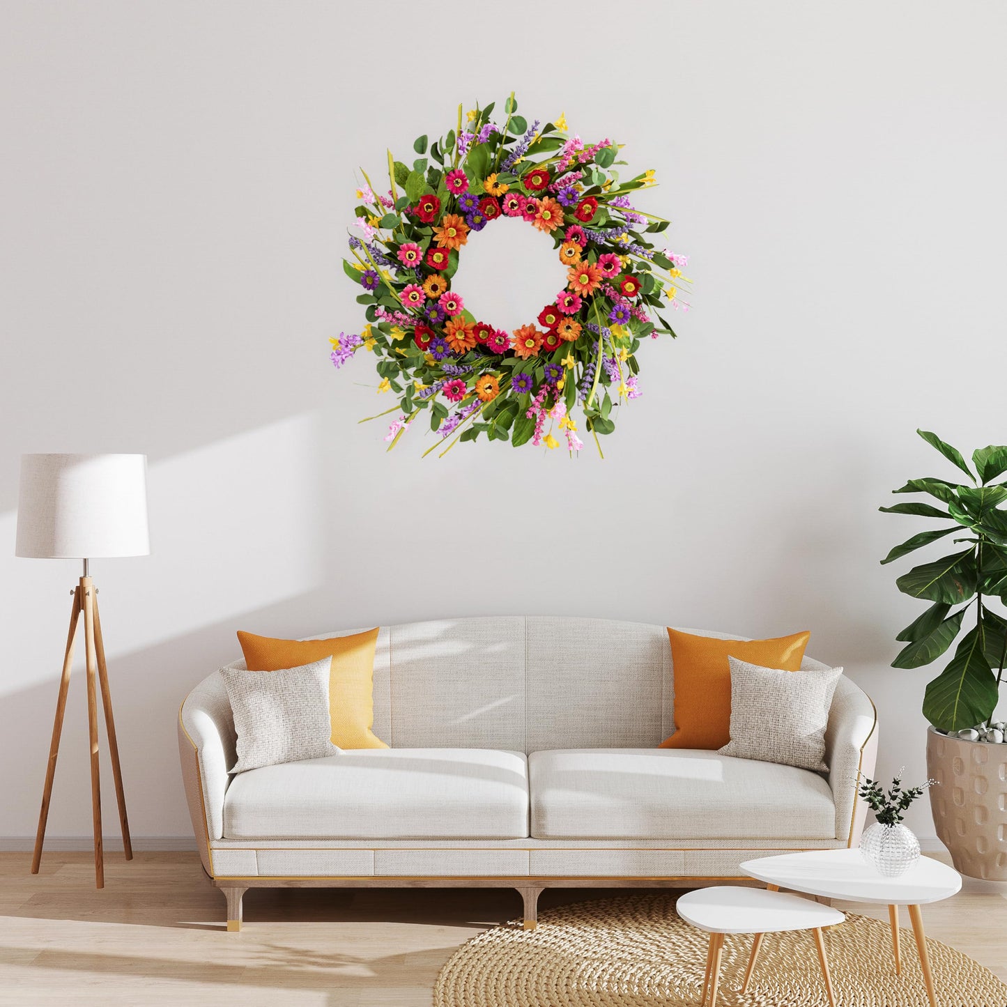 WSTPUPU Artificial Spring Wreath 22 Inch Summer Wreaths for Front Door with Green Eucalyptus Leaves Pink Daisy Lavender Spring Door Wreath for Farmhouse Wall Wedding Home Porch Easter