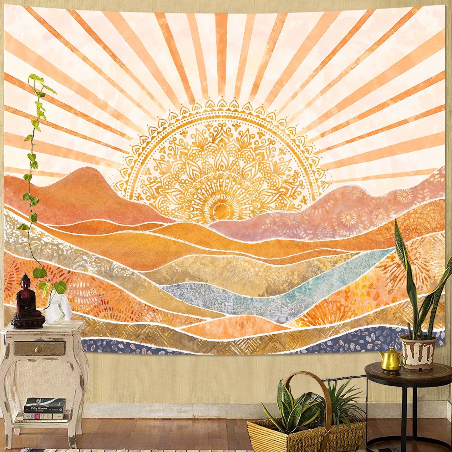 Lunerfex Bohemian Mandala Sunrise Wall Tapestry, Abstract Mountain Scenery Tapestries for Home Decor, Boho Tapestry 60x44 Inch