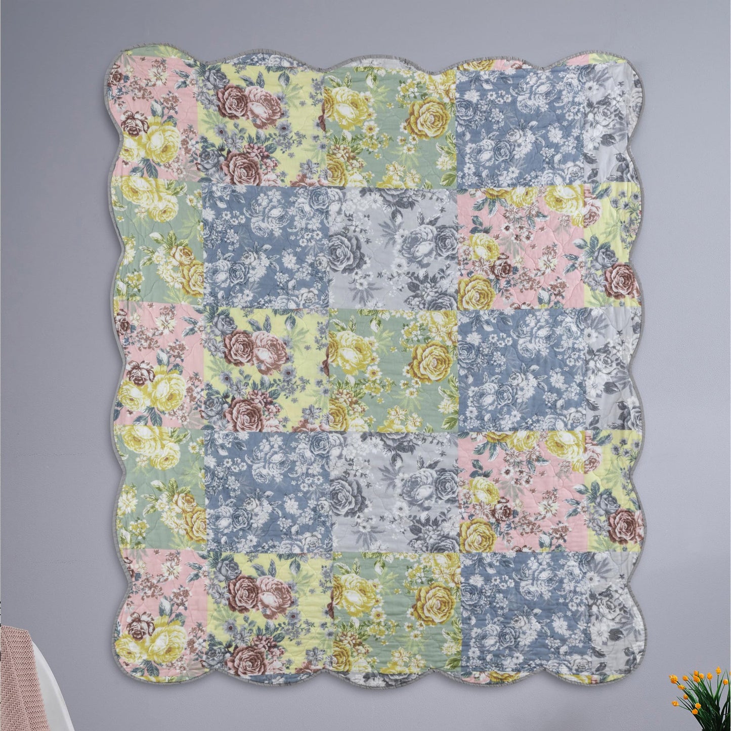 Greenland Home Emma Patchwork Floral Print Quilted Throw Blanket, 60x50-inch, Gray