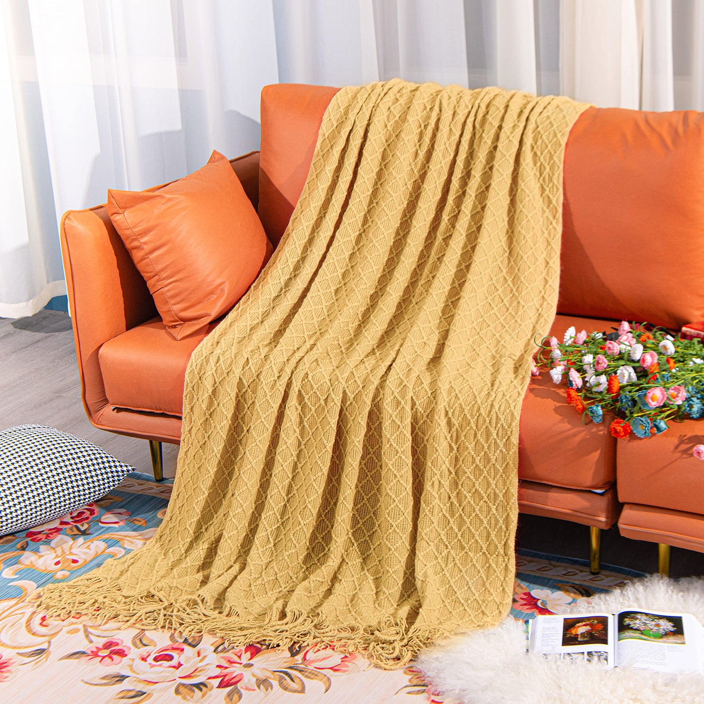 NTBAY Acrylic Knitted Throw Blanket, Lightweight and Soft Cozy Decorative Woven Blanket with Tassels for Travel, Couch, Bed, Sofa, 51x67 Inches, Mustard Yellow Checkered