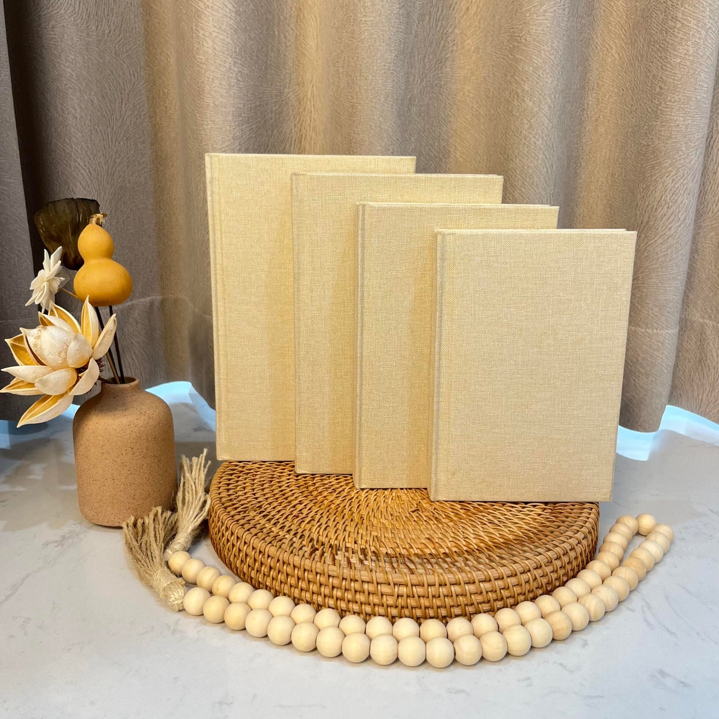 Linen Covered Decorative Books 4 Pieces, Neutral Home Decor Coffee Table Books with Wooden Beaded Tassel, Stacked Books for Rustic Farmhouse Modern, Boho, Bookshelf, Fireplace Mantel Décor, Beige