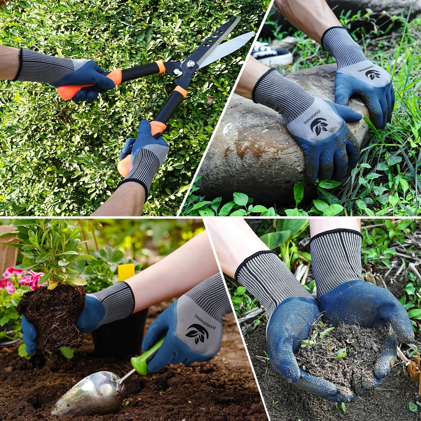 Trifabricy Garden Gloves for Women Men - 6 Pairs Breathable Hard-wearing Latex Coated Gardening Gloves for Women, Indoor/Outdoor Protective Working Gloves with Grip, Blue & Grey