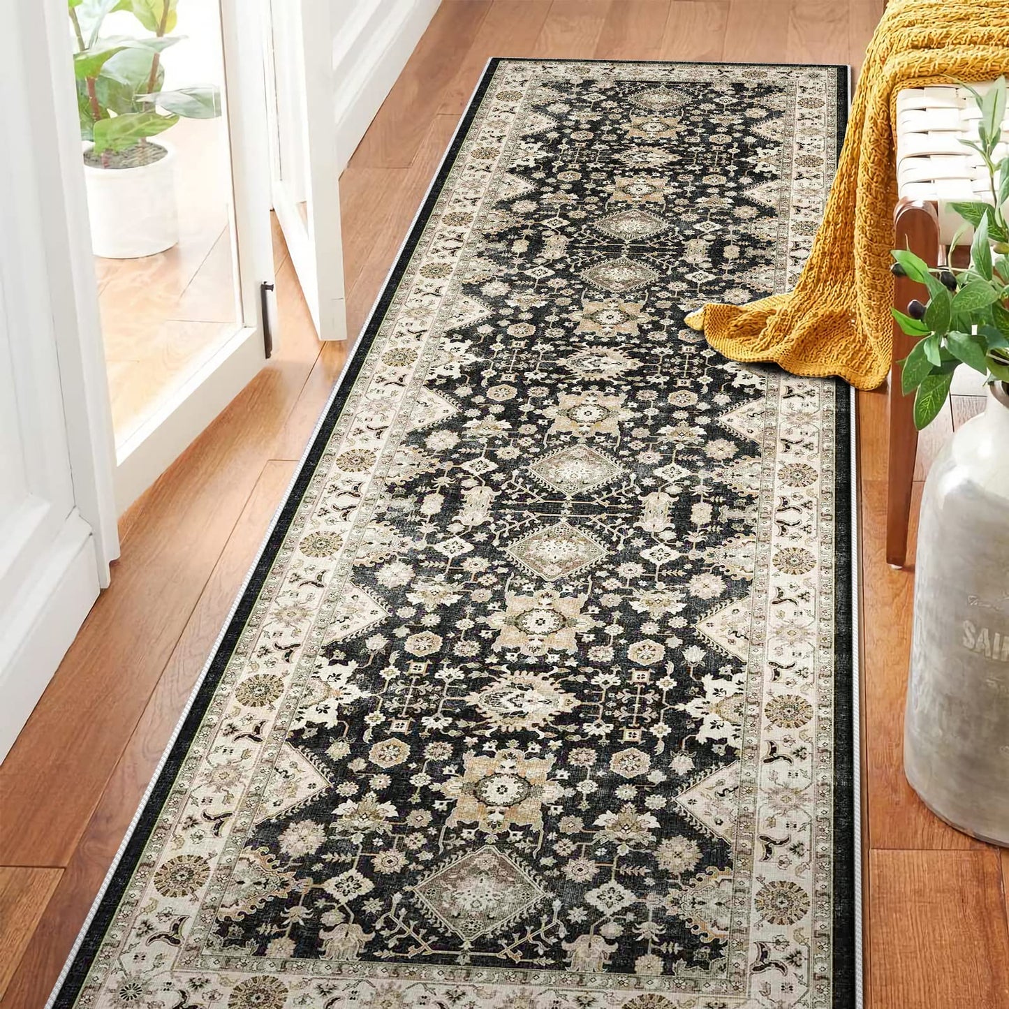 Washable Hallway Runner Rug 2x10: Non Slip Runner Rugs with Rubber Backing Soft Kitchen Rug Farmhouse Distressed Carpet for Living Room Bedroom Bathroom (Black, 2X10)