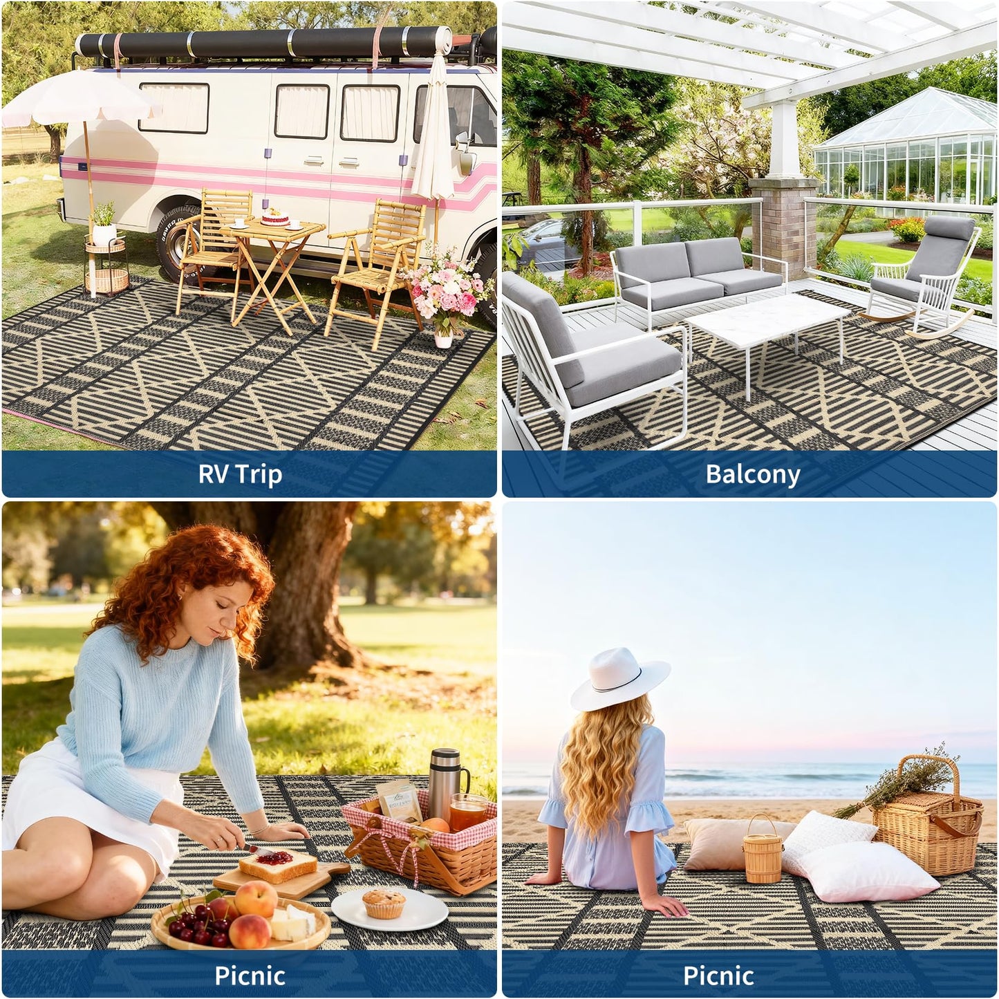 IDEALHOUSE 9x18 Ft Outdoor Rug 320GSM PP Woven Double Sided Same Pattern Waterproof Geometric Patio Mat for Backyard Deck Porch Camping Picnic Beach, Black Coffee